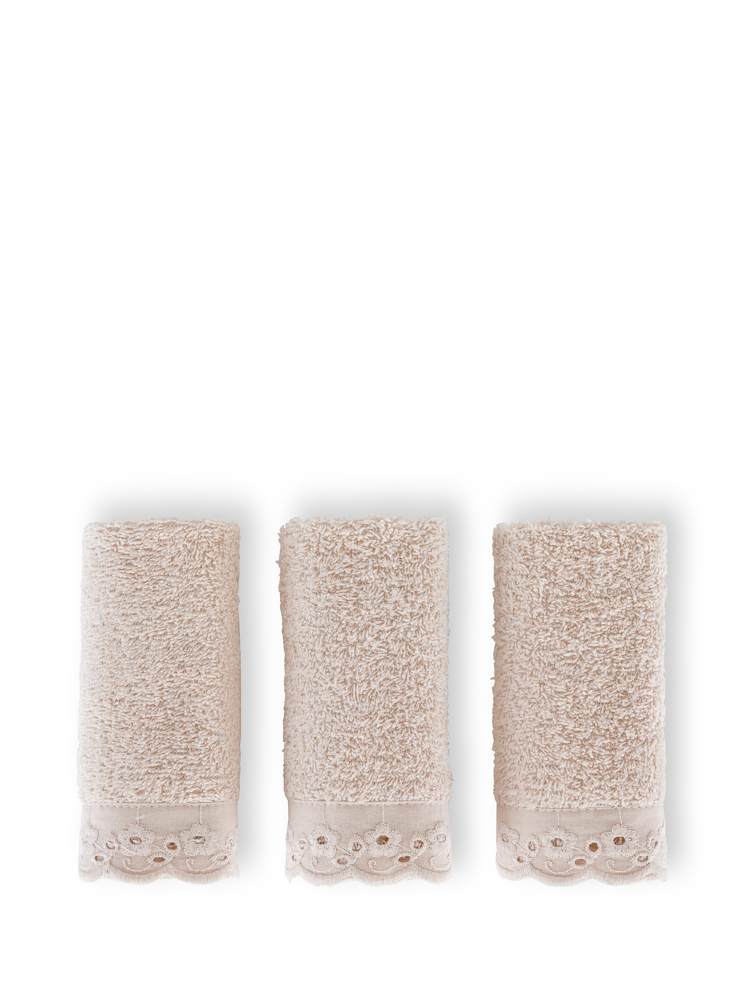 Set of 3cotton terry washcloths with broderie anglaise, Beige, large image number 0