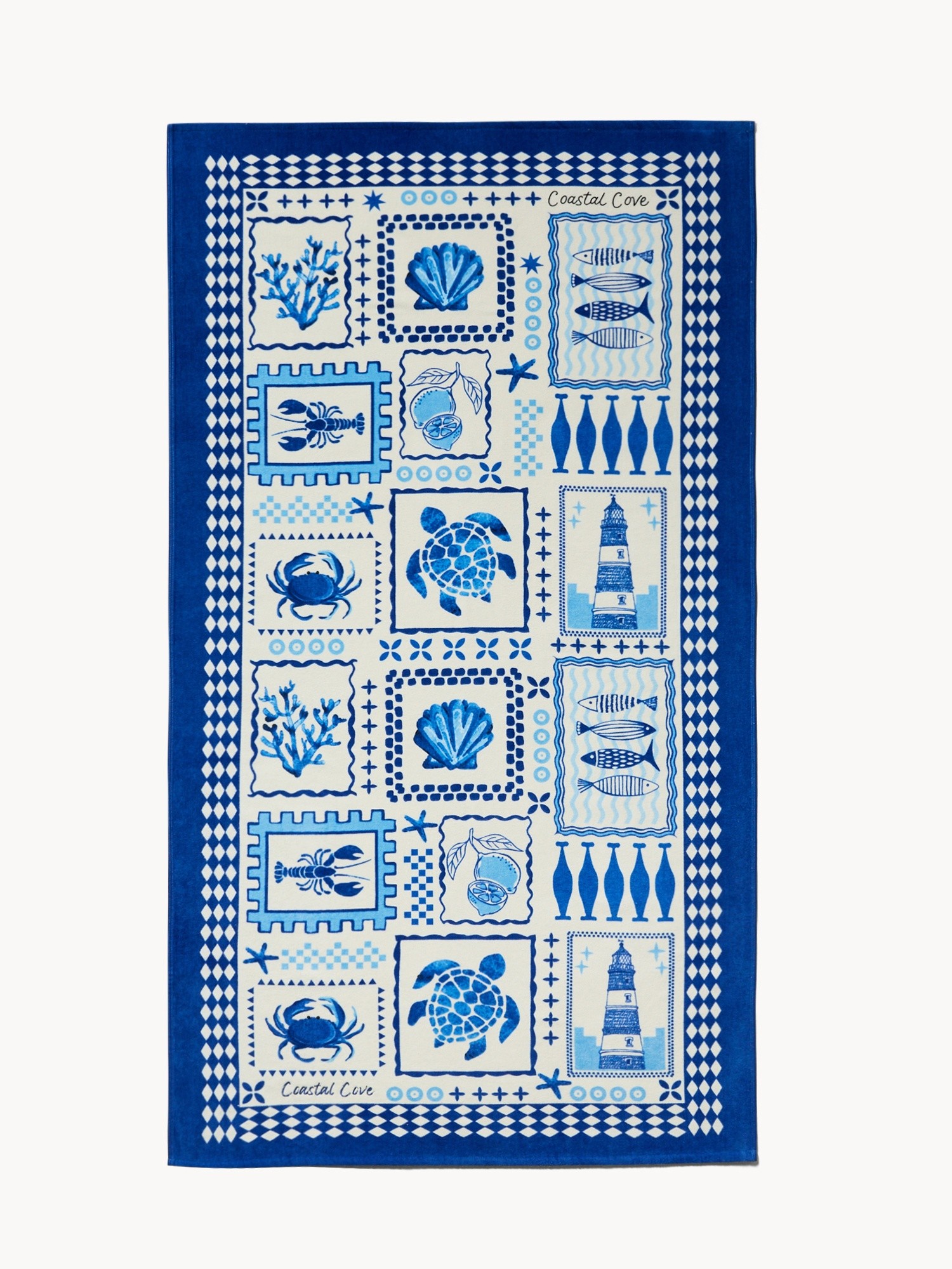 Soft cotton velour beach towel with a marine print - Introductory price, White / Blue, large image number 0