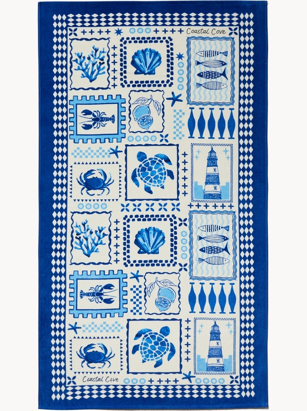 Soft cotton velour beach towel with a marine print - Introductory price