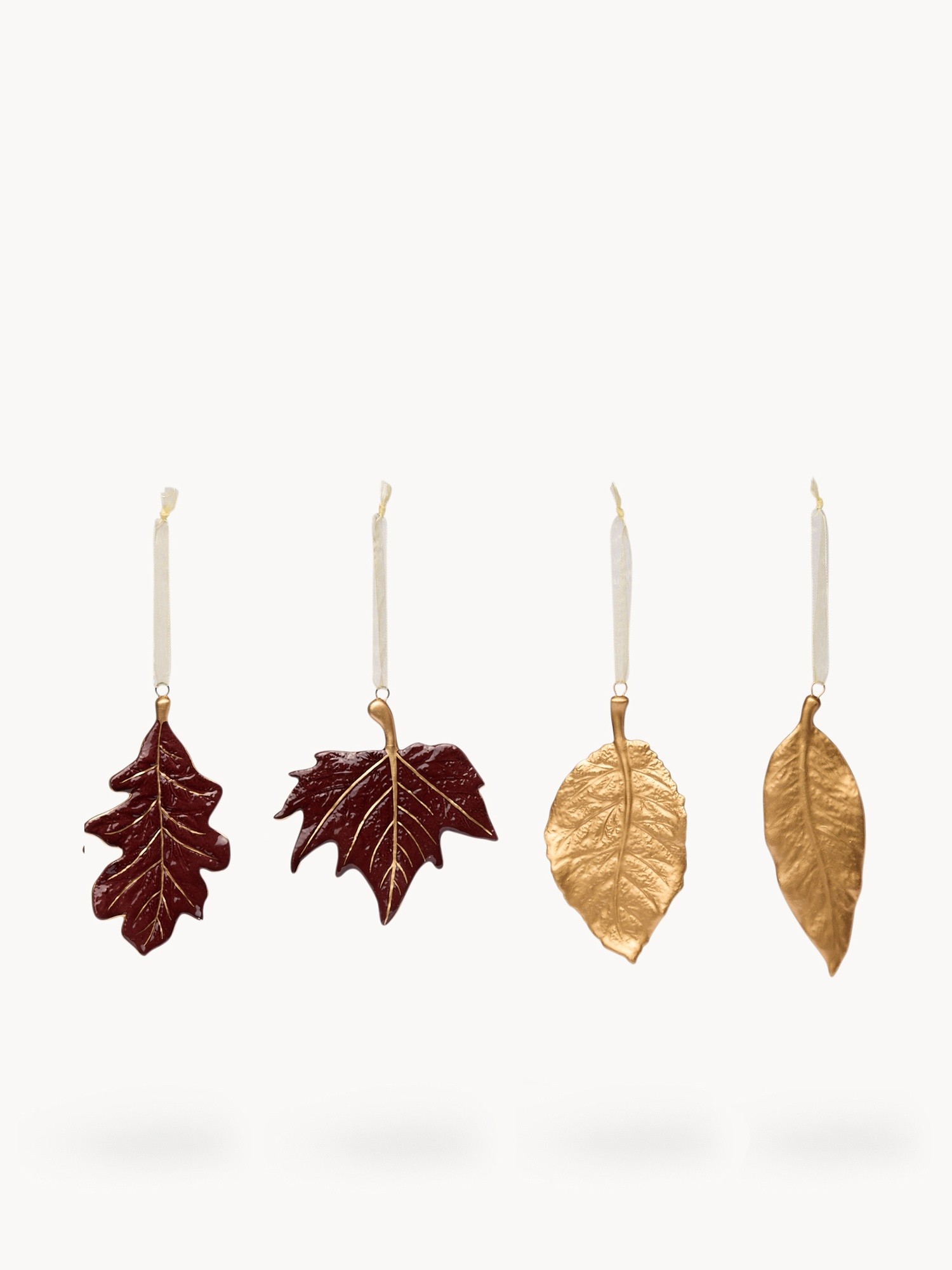 Set of 4 porcelain leaf-shaped decorations, Bordeaux/Oro, large image number 0