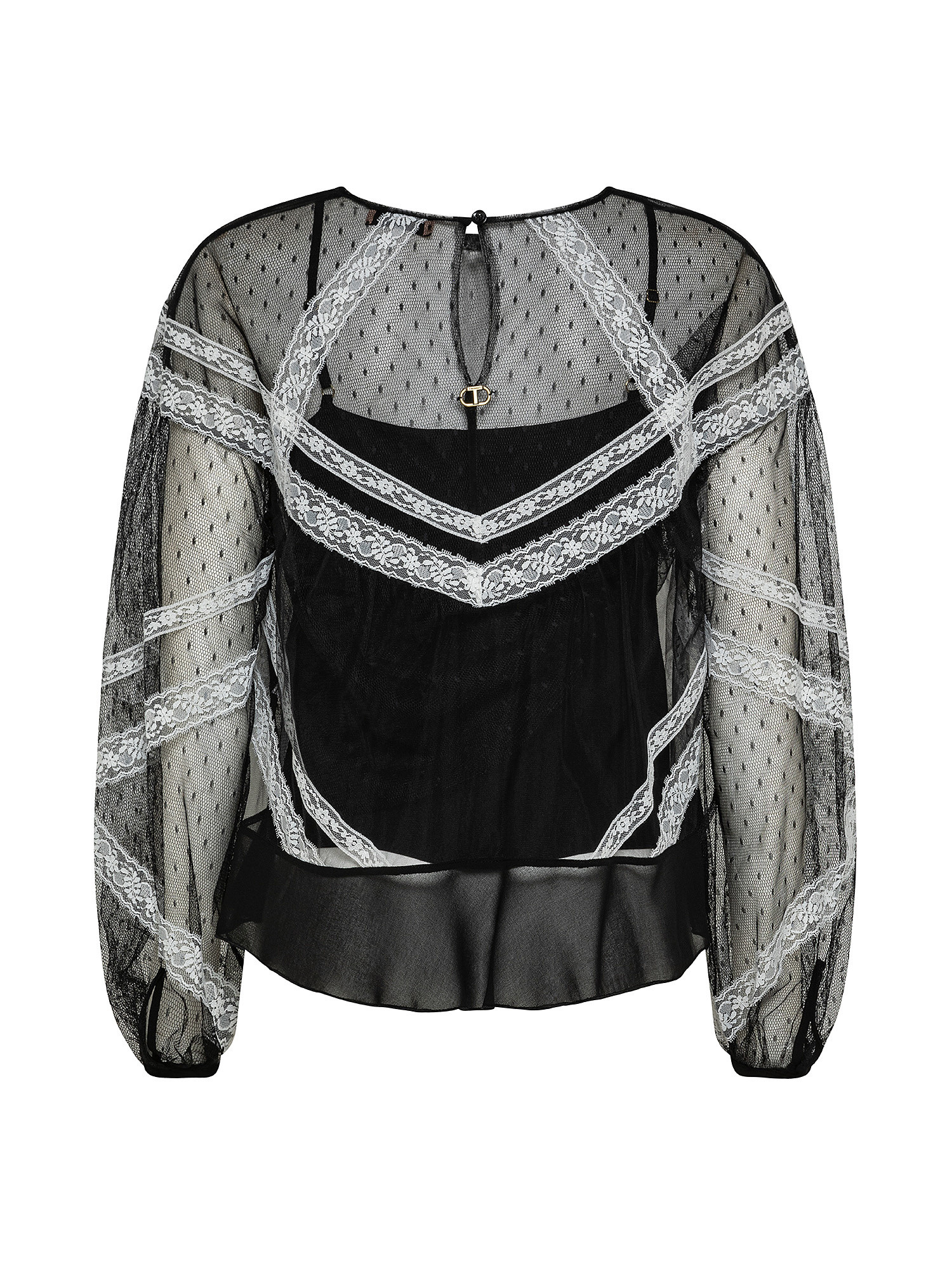 Blouse in point d'esprit tulle and lace, Black, large image number 1
