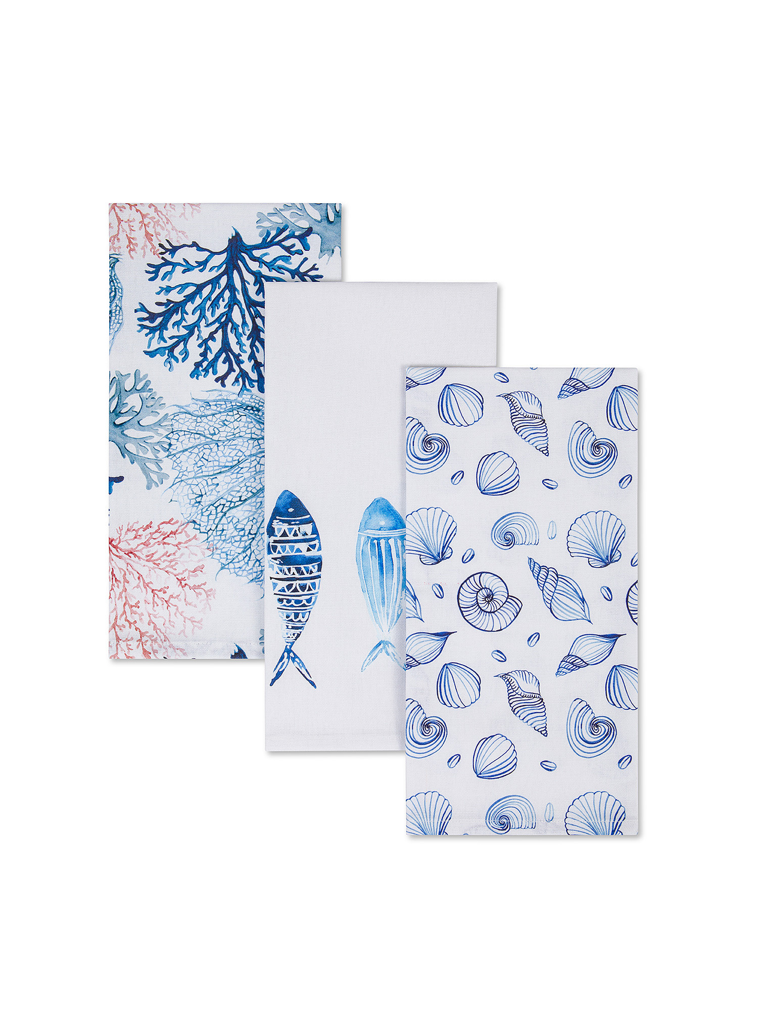 Set of 3 pure cotton tea towels with marine prints., White / Blue, large image number 0