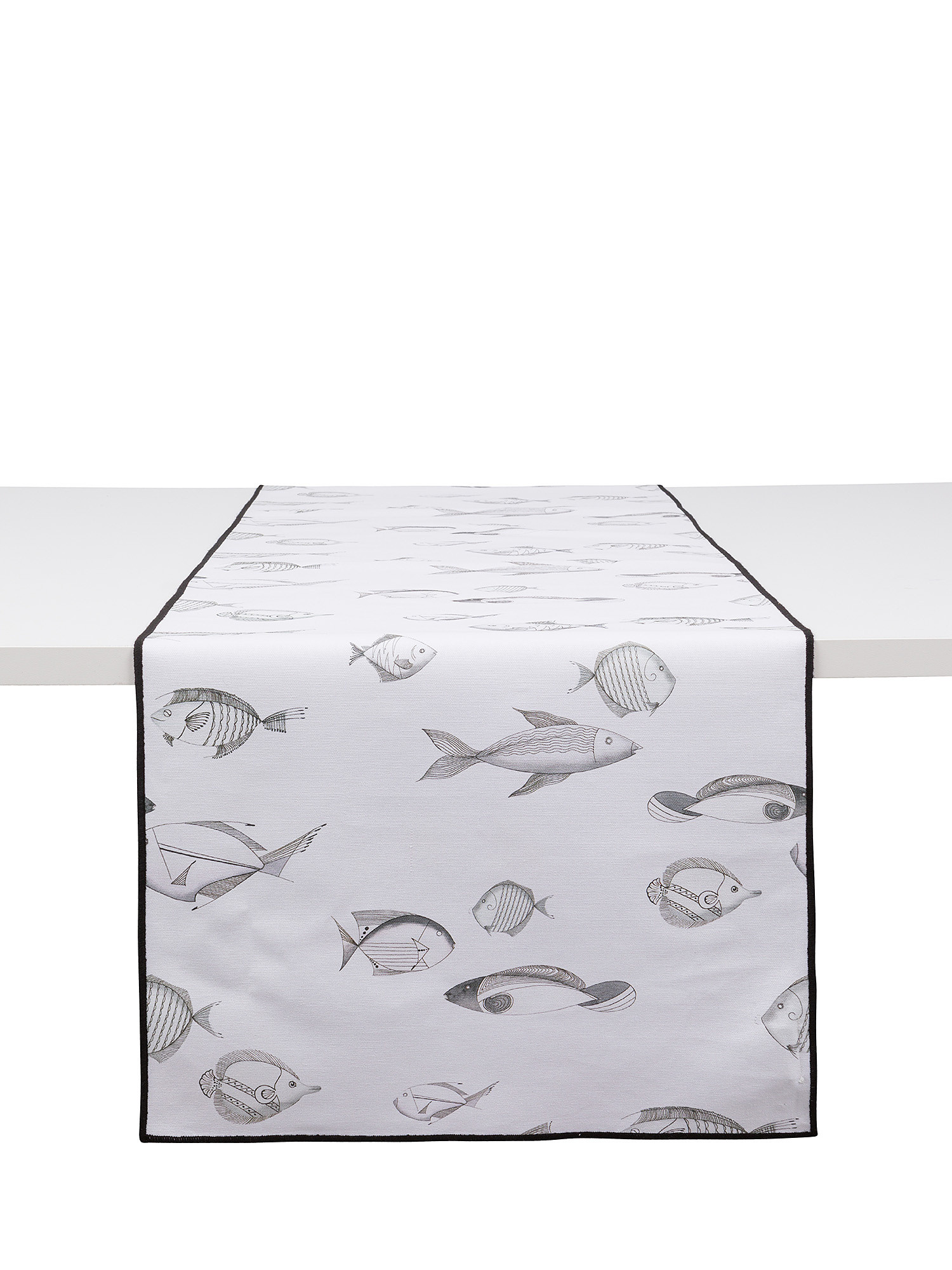 Cotton runner with graphic fish pattern, White, large image number 0