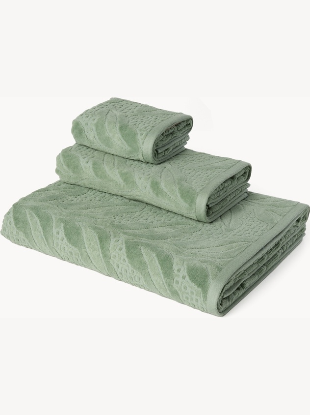 Cotton velour towels with a jacquard leaf motif