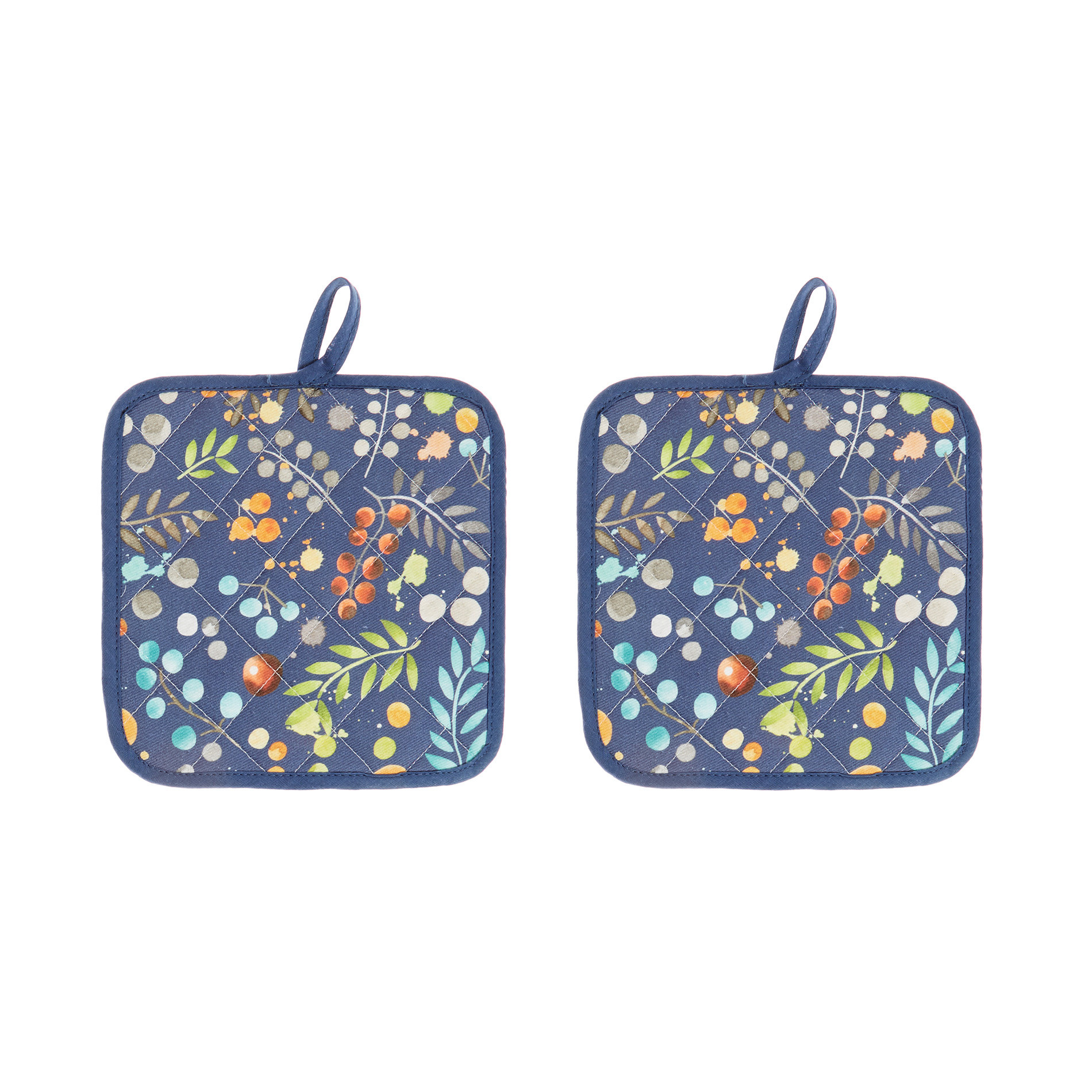 Two-pack pot holders in cotton twill with flowers print, Blue, large image number 0
