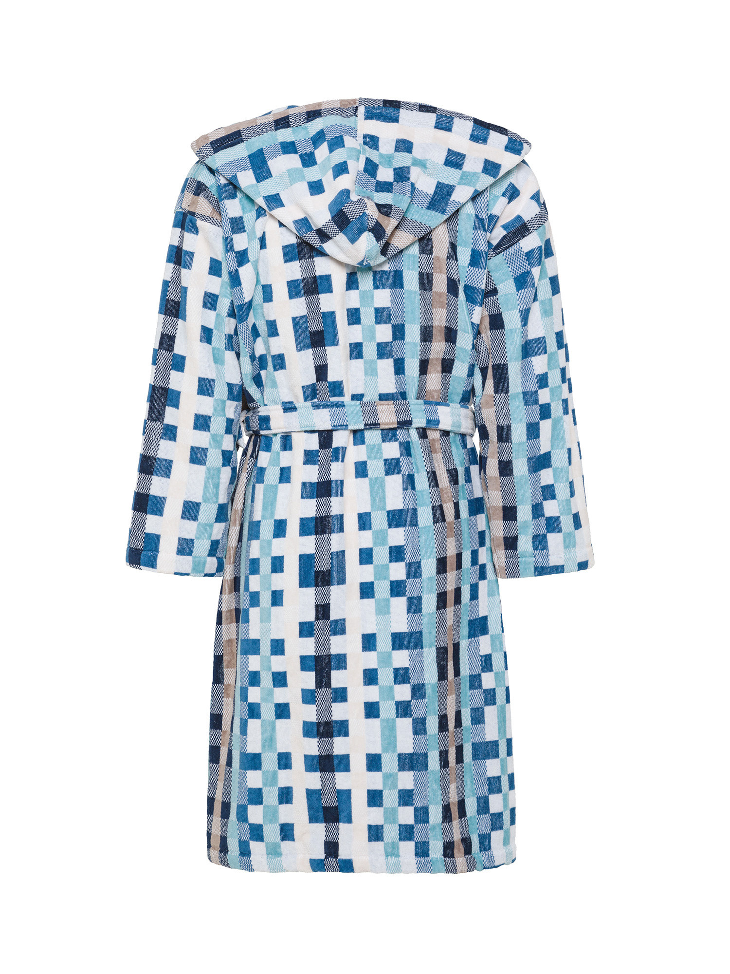 Yarn-dyed pure cotton velour bathrobe with mosaic effect check pattern, Blue, large image number 1