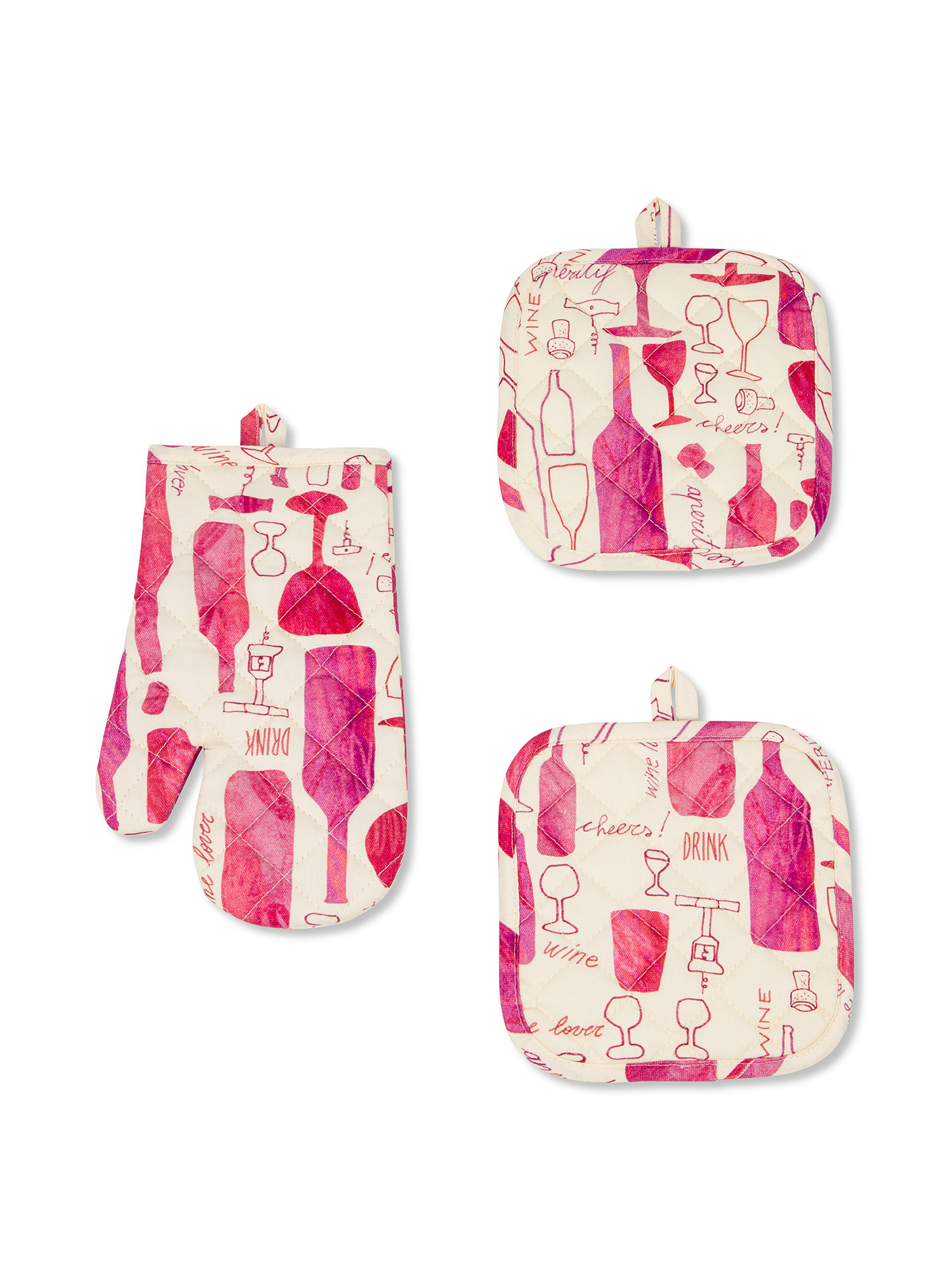 Set of 2 pot holders and panama kitchen glove in wine-print cotton, Pink, large image number 0