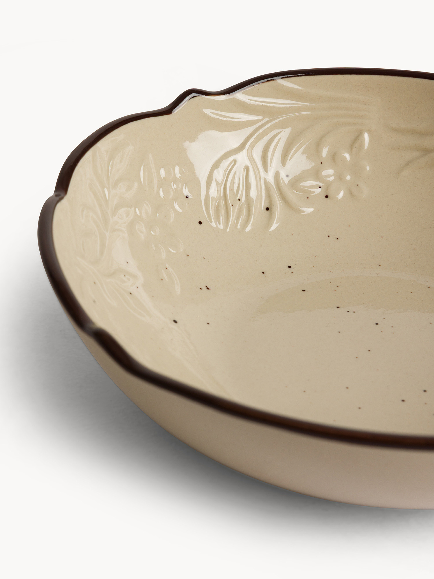 Piatto fondo in stoneware con filo marrone, Beige chiaro, large image number 1