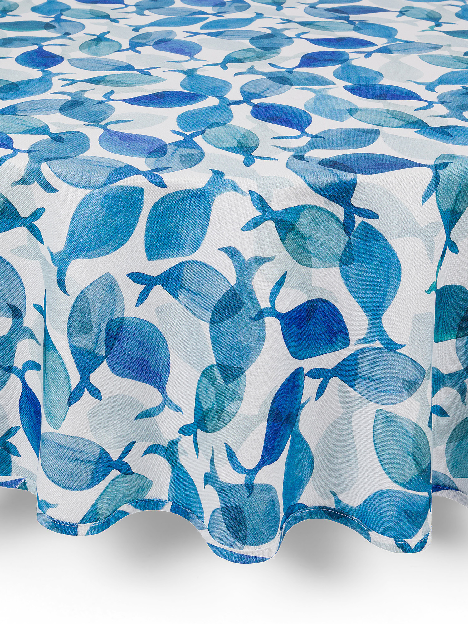 Round 100% cotton tablecloth with fish print, Blue, large image number 0