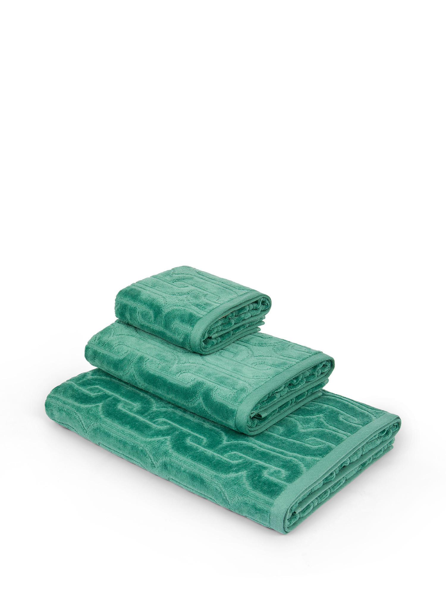Cotton velour towel with geometric relief pattern, Green, large image number 0
