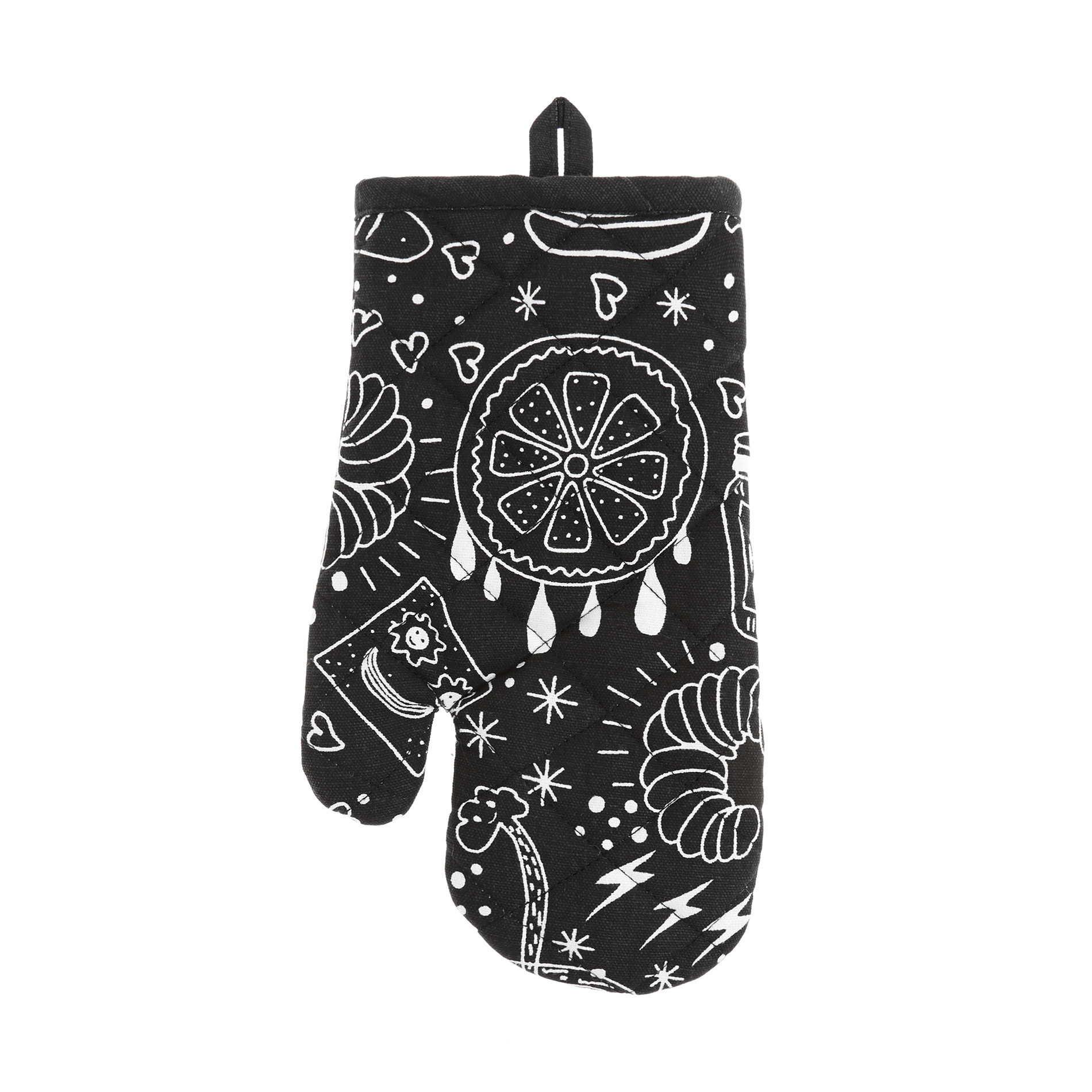 Oven mitt in 100% cotton with food print, Black, large image number 0