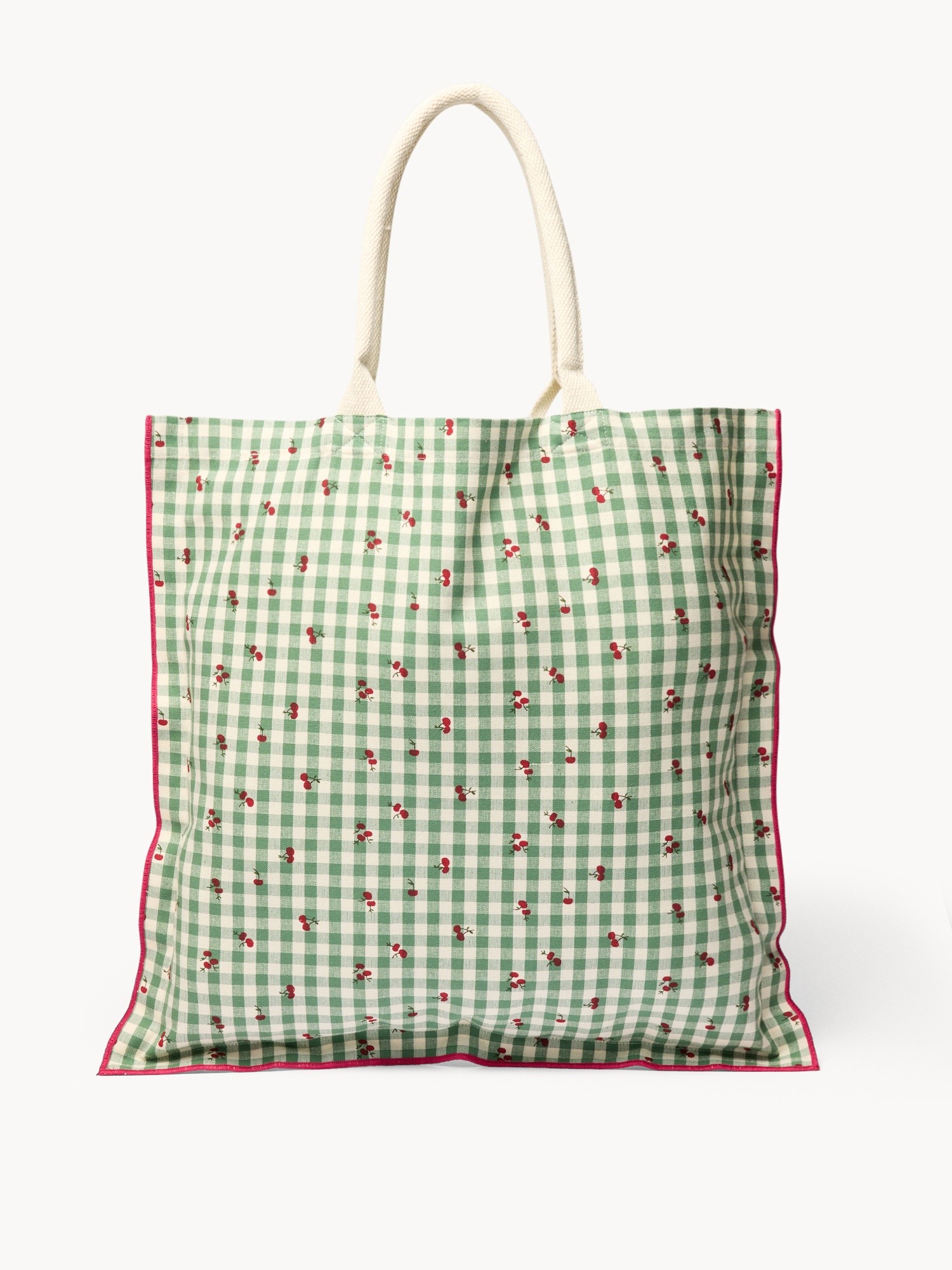 Shopper in puro cotone vichy con stampa ciliegie - Prezzo di lancio, Verde, large image number 0