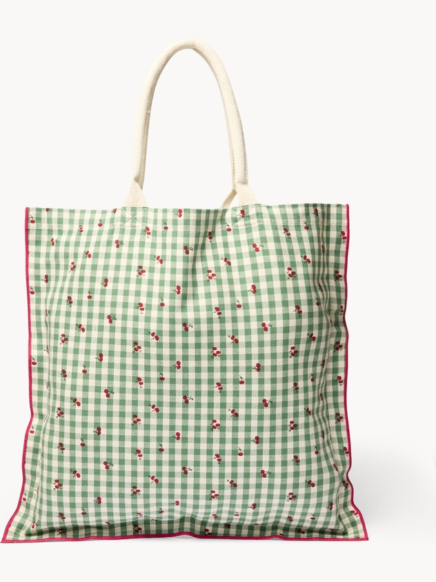 Shopper in puro cotone vichy con stampa ciliegie - Prezzo di lancio