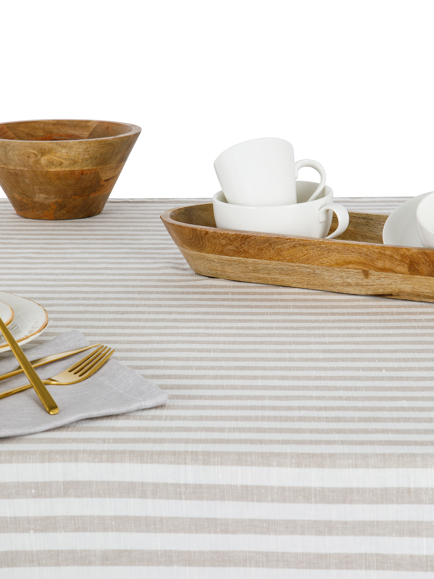 Striped cotton and linen tablecloth, Beige, large image number 1