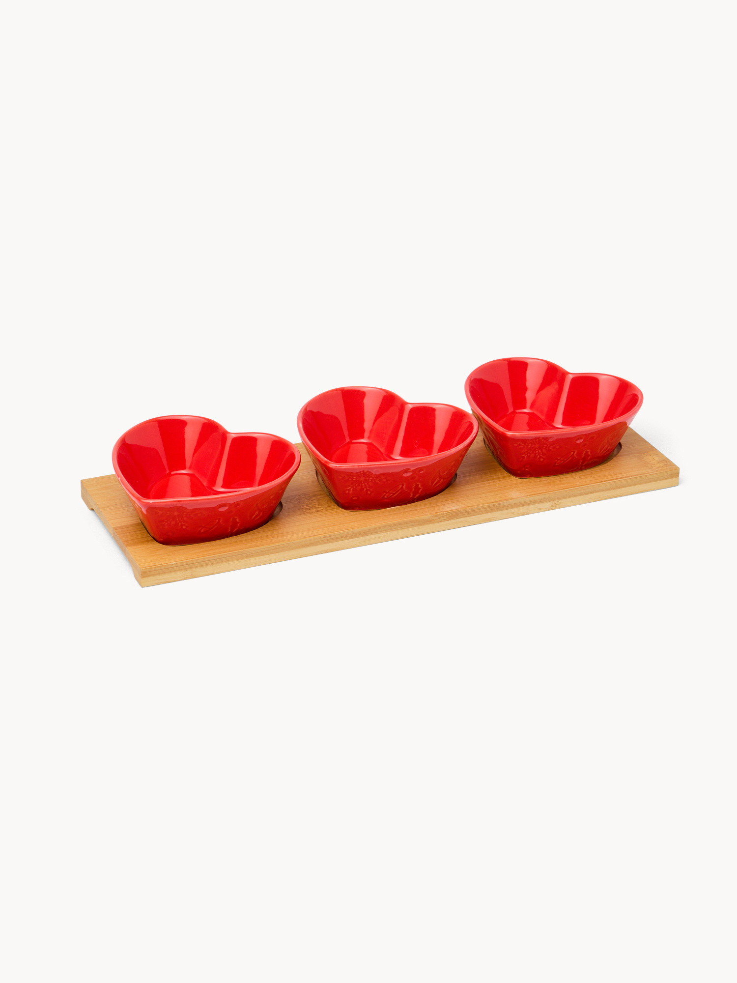 Antipastiera in legno di bamboo con 3 coppette a cuore, Rosso, large image number 0