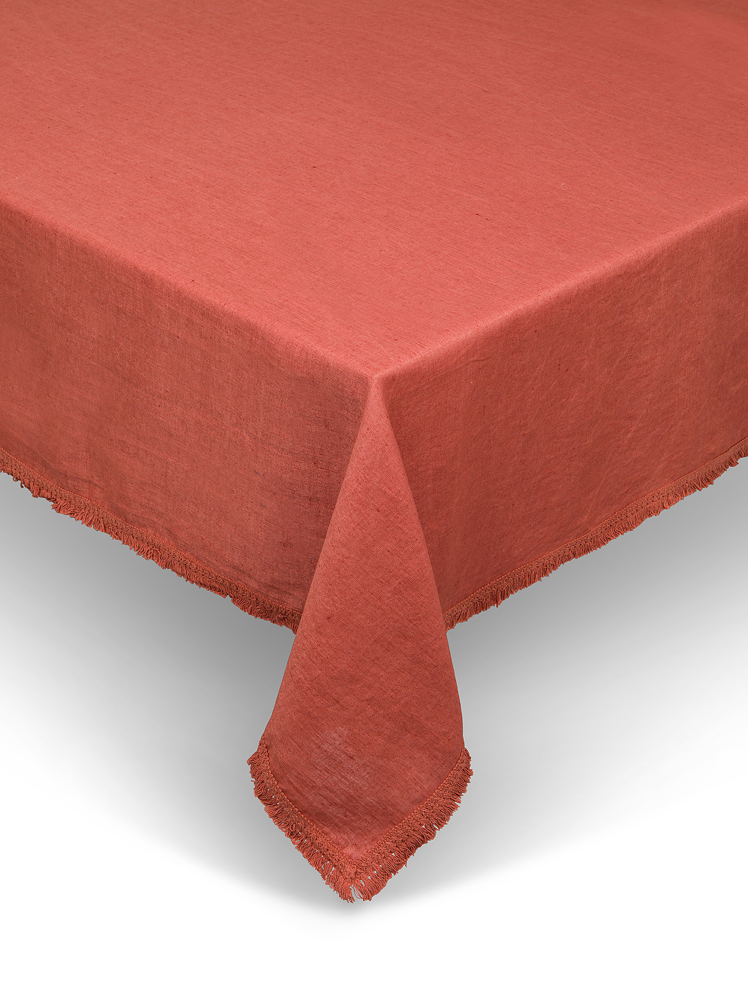 Solid color 100% linen tablecloth with fringes, Coral Red, large image number 0