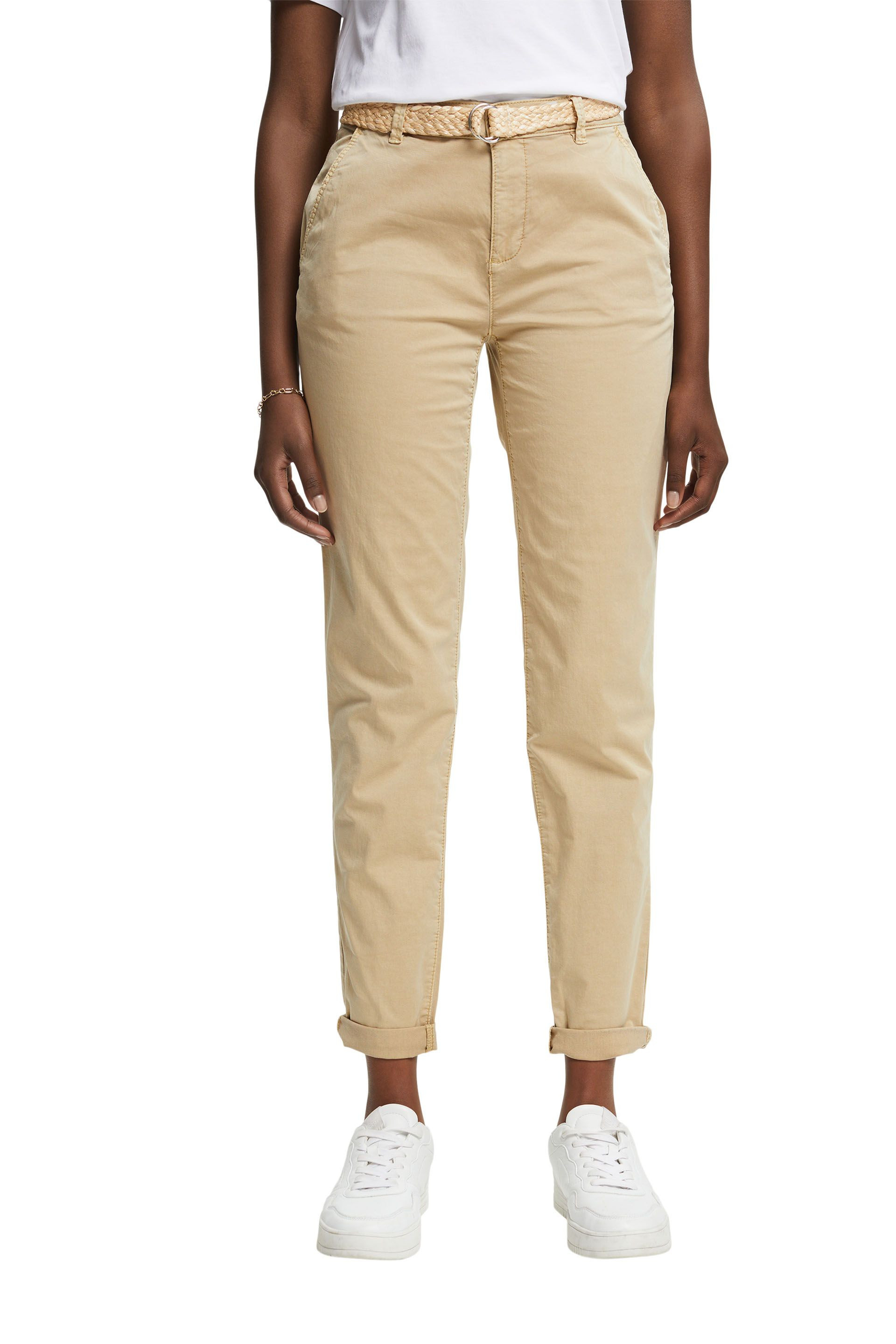 Esprit - Cropped chinos with belt, Sand, large image number 1