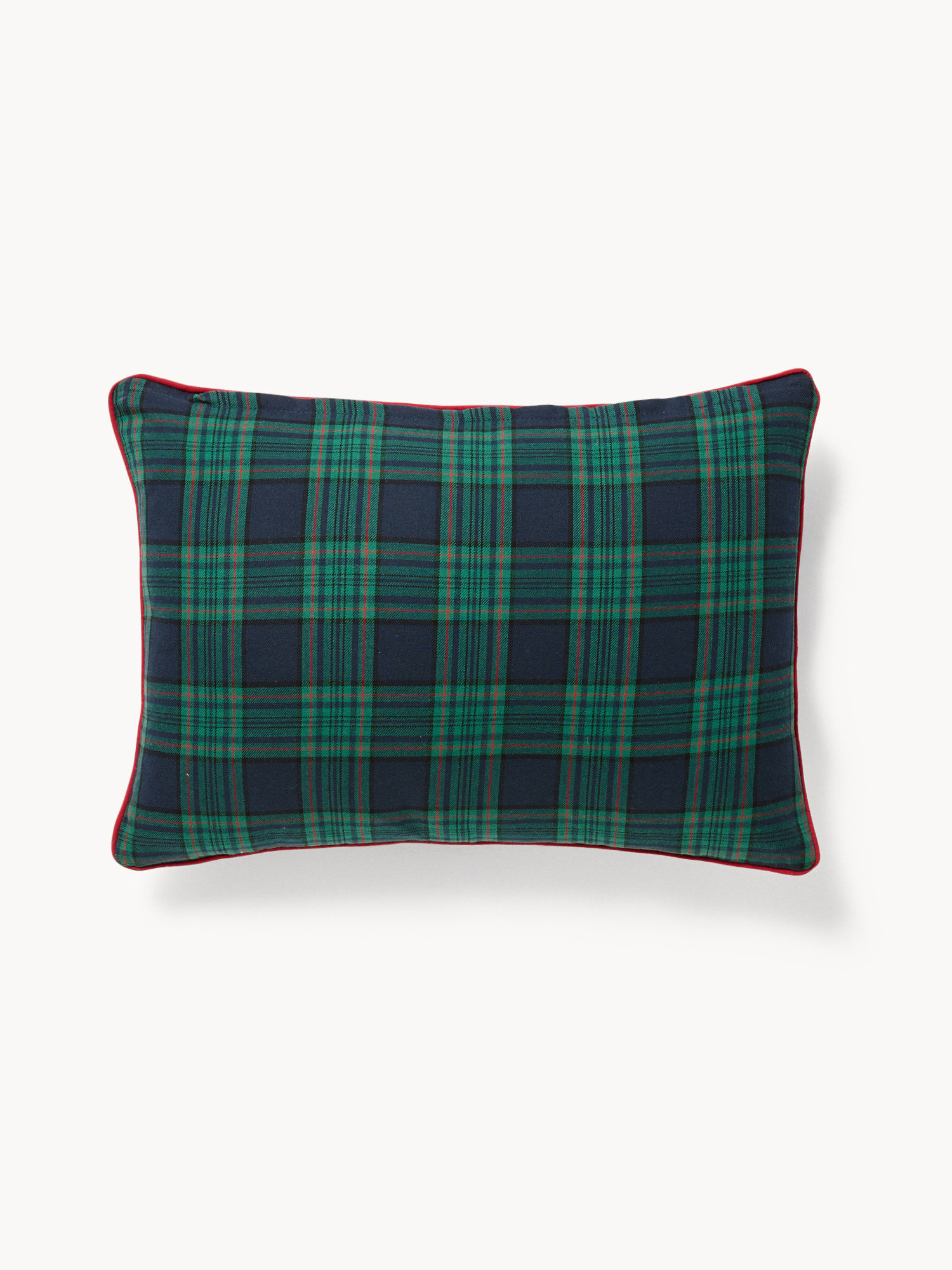Cuscino 35x50 in cotone motivo tartan con ricami agrifoglio, Blu, large image number 1