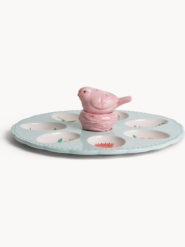 Piatto porta uova con uccellini sale e pepe in ceramica