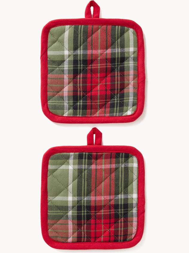 Set of 2 pot holders in yarn-dyed cotton twill with tartan motif