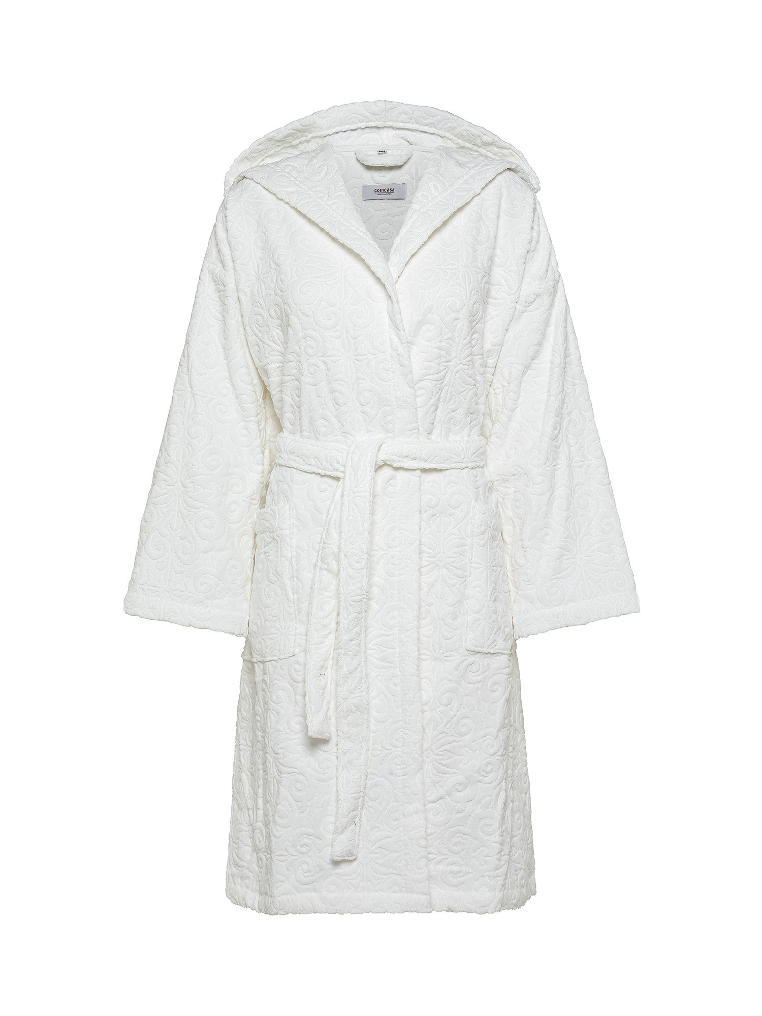 Cotton velor bathrobe with azulejos motif, White, large image number 0
