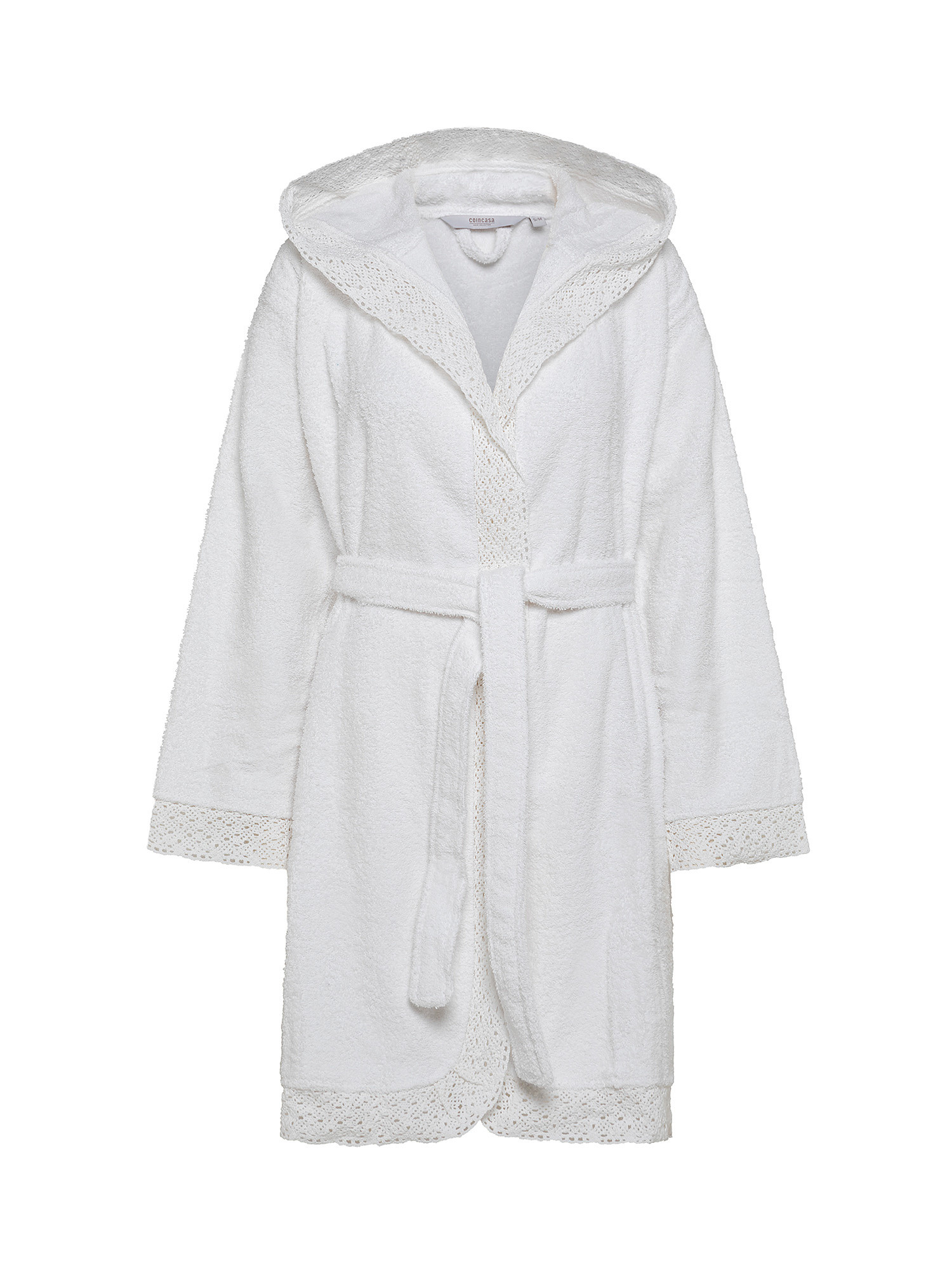 Cotton bathrobe with lace applications, White, large image number 0