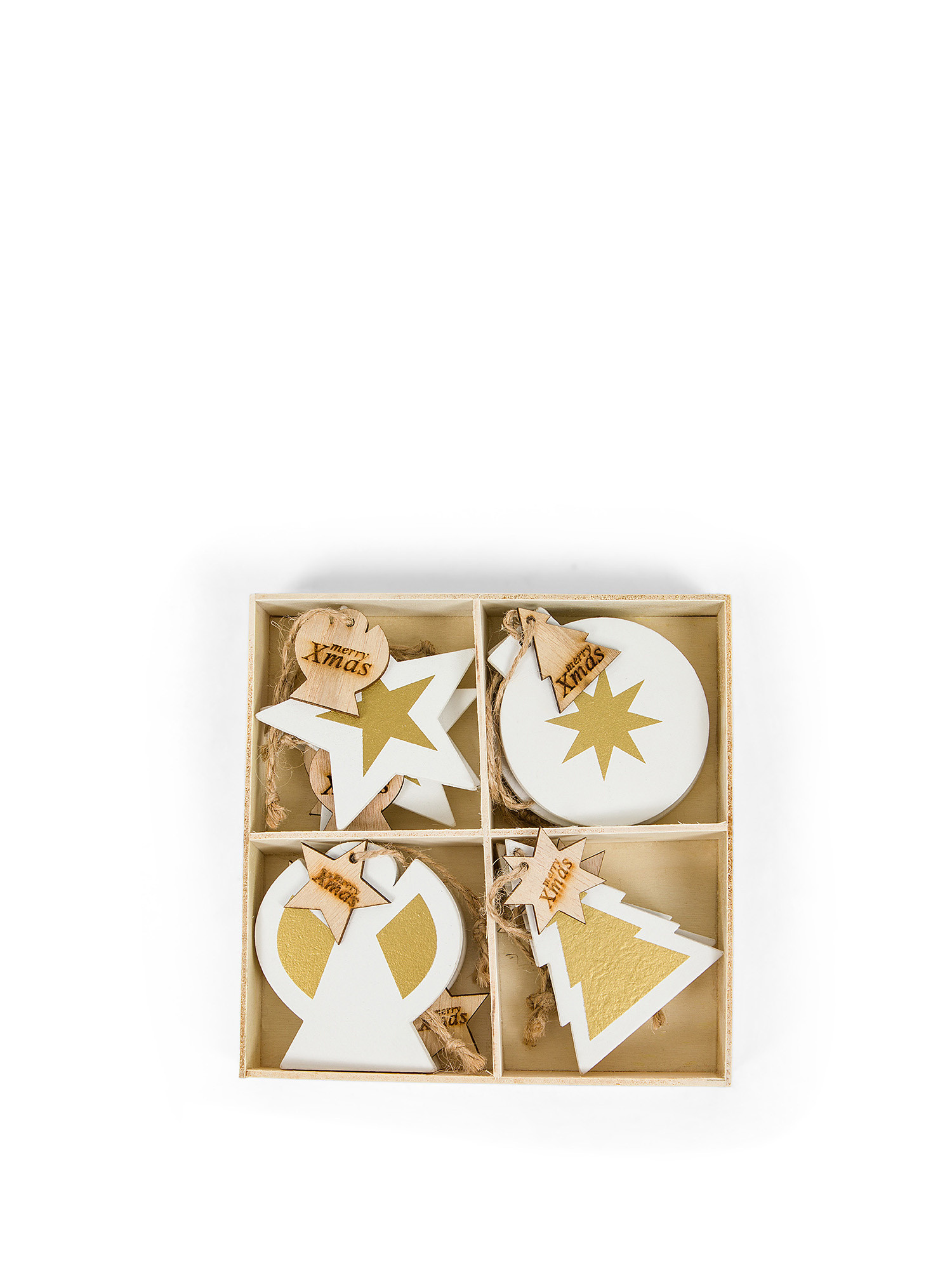 Box of 12 wooden tree decorations, White, large image number 0