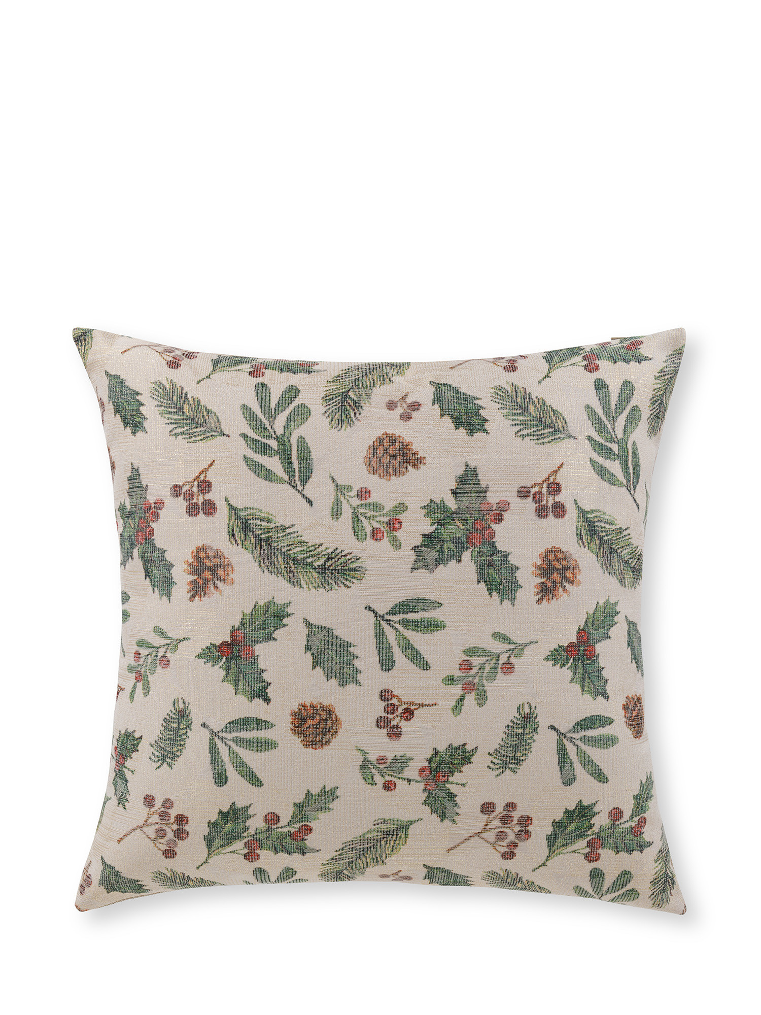 Cushion in lurex jacquard fabric with pine cones and leaves motif 45x45 cm, Multicolor, large image number 0