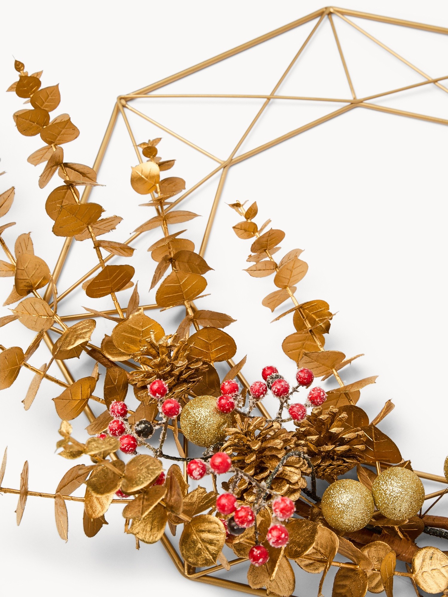 Metal geometric wreath with faux flowers, Gold, large image number 1