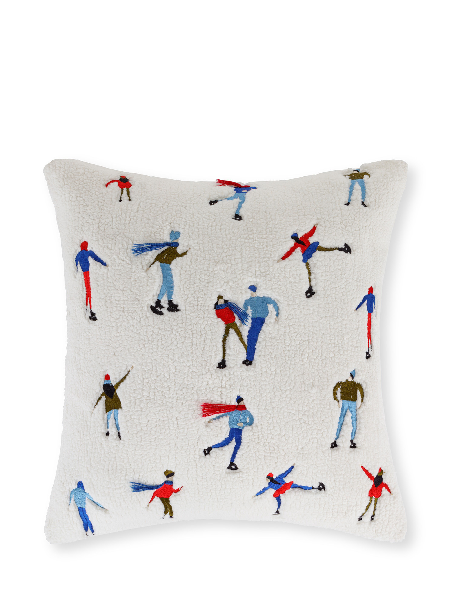 Cushion in faux fur with relief embroidery ice skaters 45x45 cm, White, large