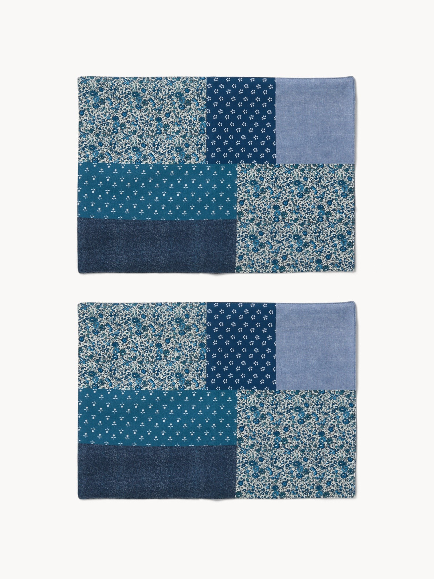 Set of 2 pure cotton placemats with patchwork denim print - Discounted Price, Blue, large image number 0