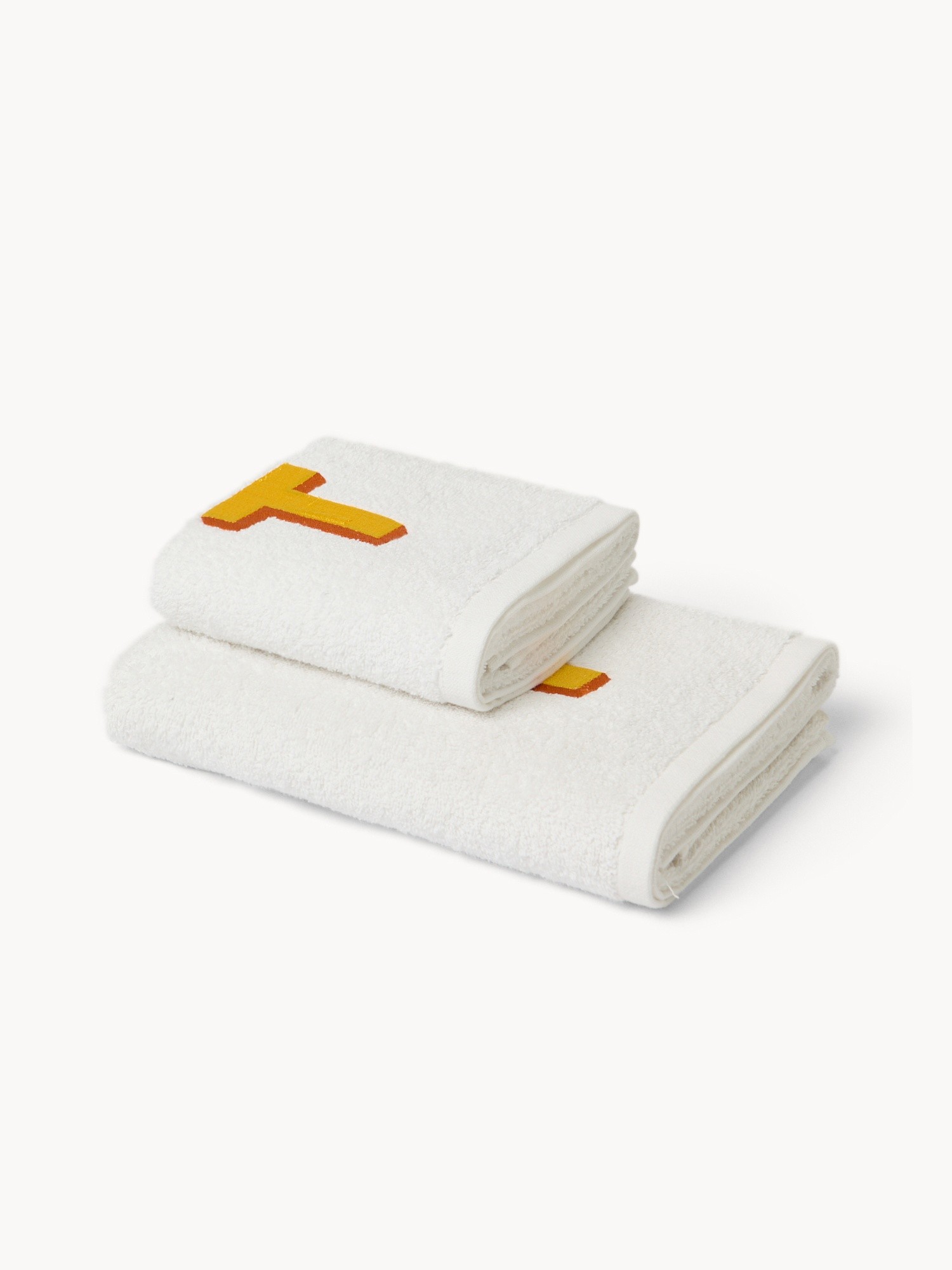 Set 2 asciugamani in spugna di cotone ricamo lettera T, Bianco, large image number 1