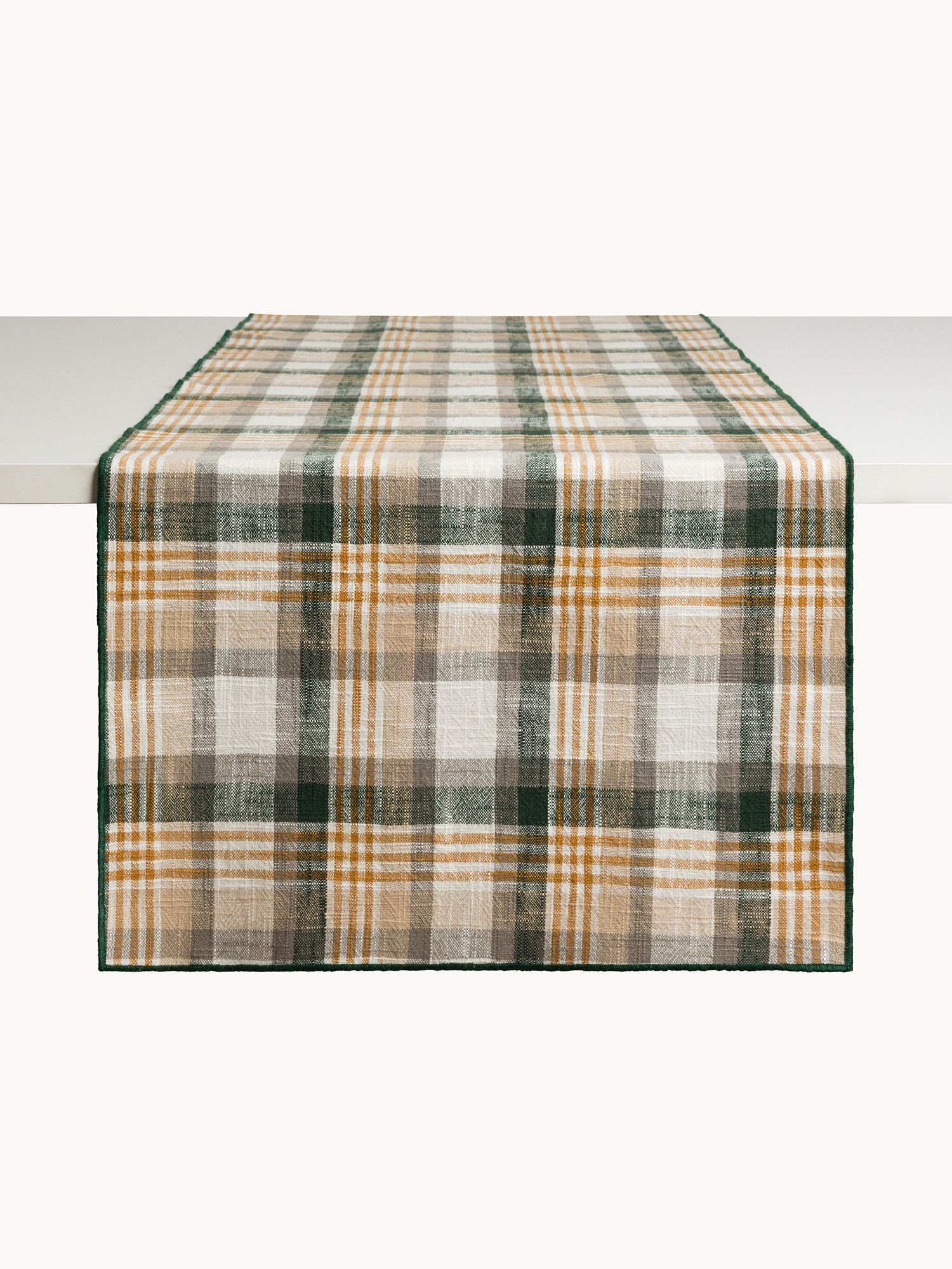 Checked table runner in pure yarn-dyed cotton with contrasting overlock, Green, large image number 1