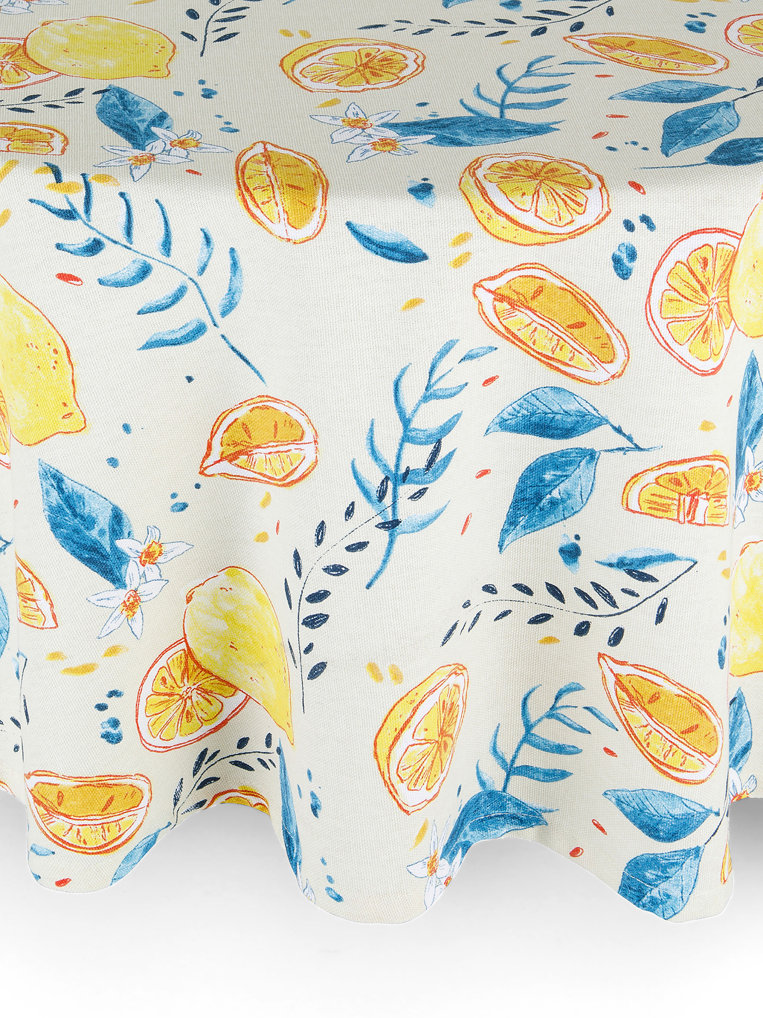 Round cotton panama tablecloth with lemon print, Yellow, large image number 0