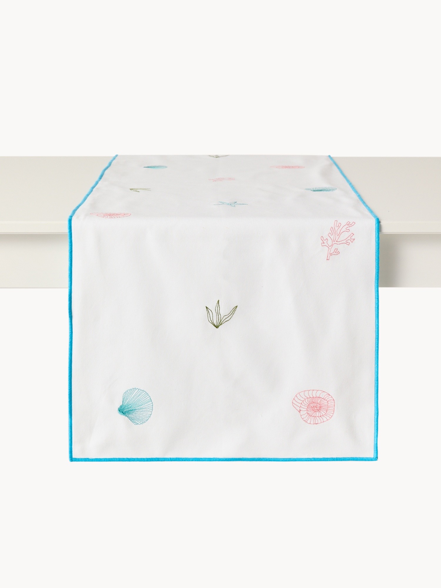 Runner in cotone con ricami marini, Bianco/Azzurro, large image number 0