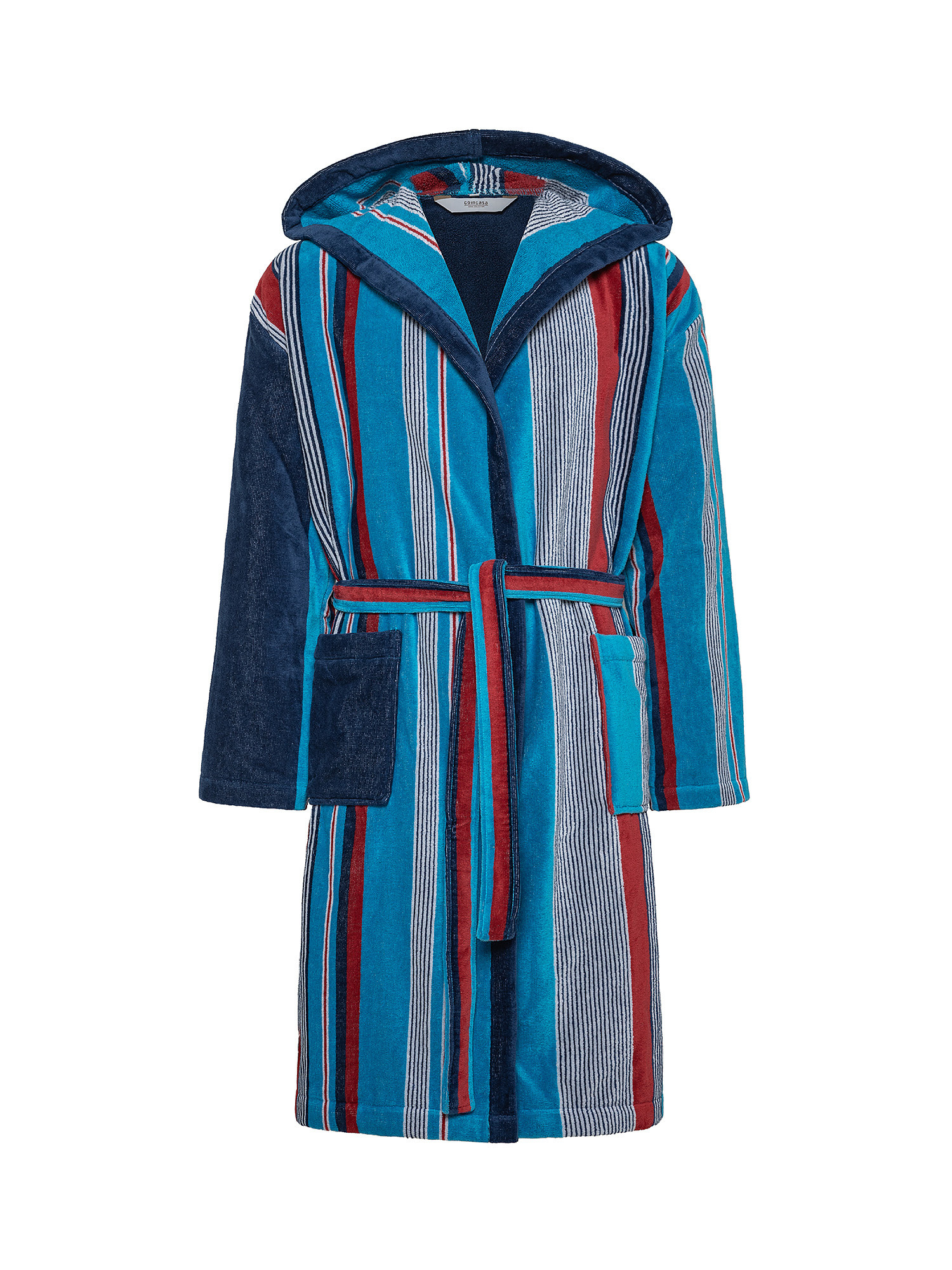 Cotton velor bathrobe with striped pattern, Blue, large image number 0