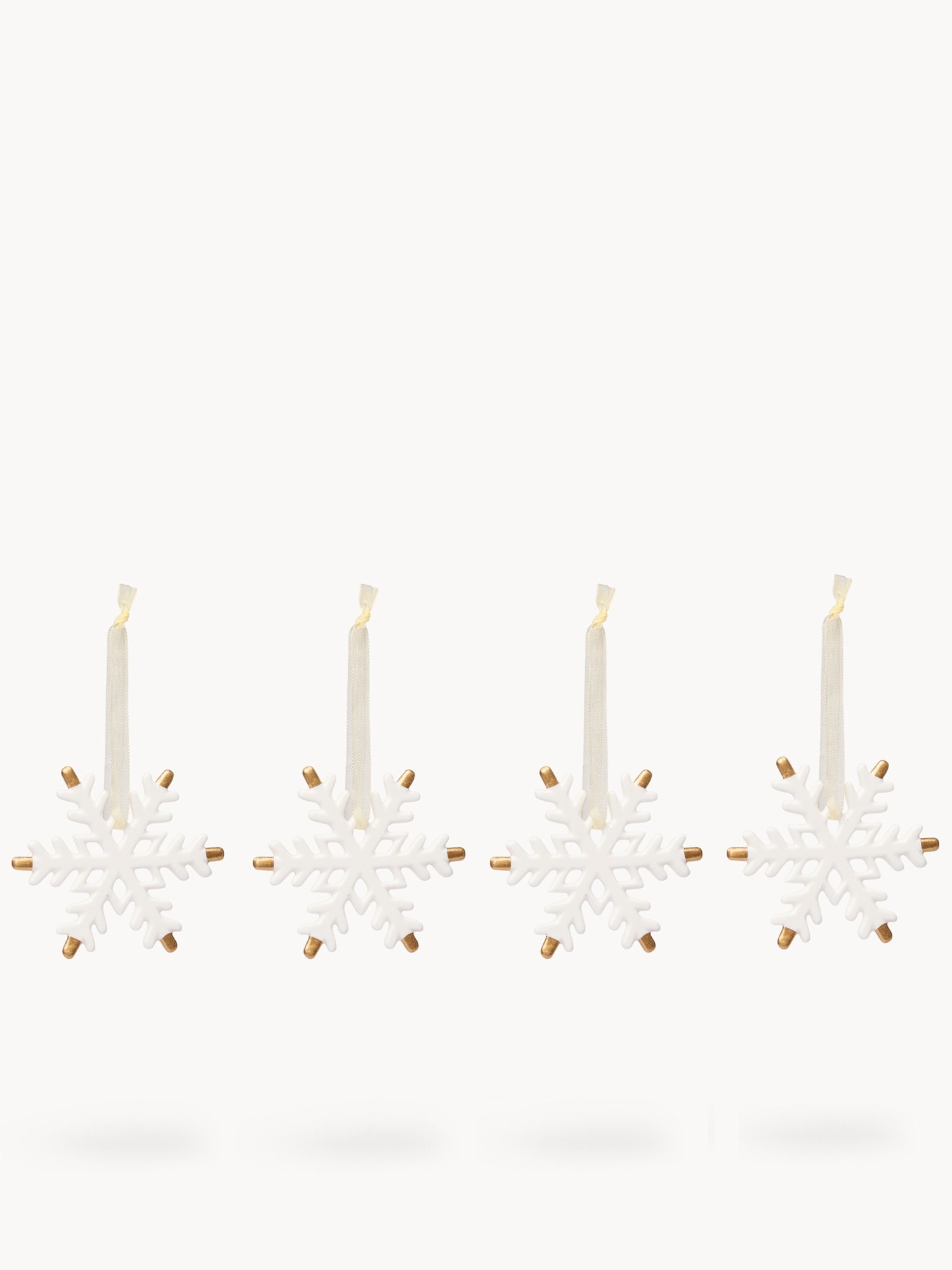 Set of 4 porcelain snowflake-shaped decorations, White/Gold, large image number 0
