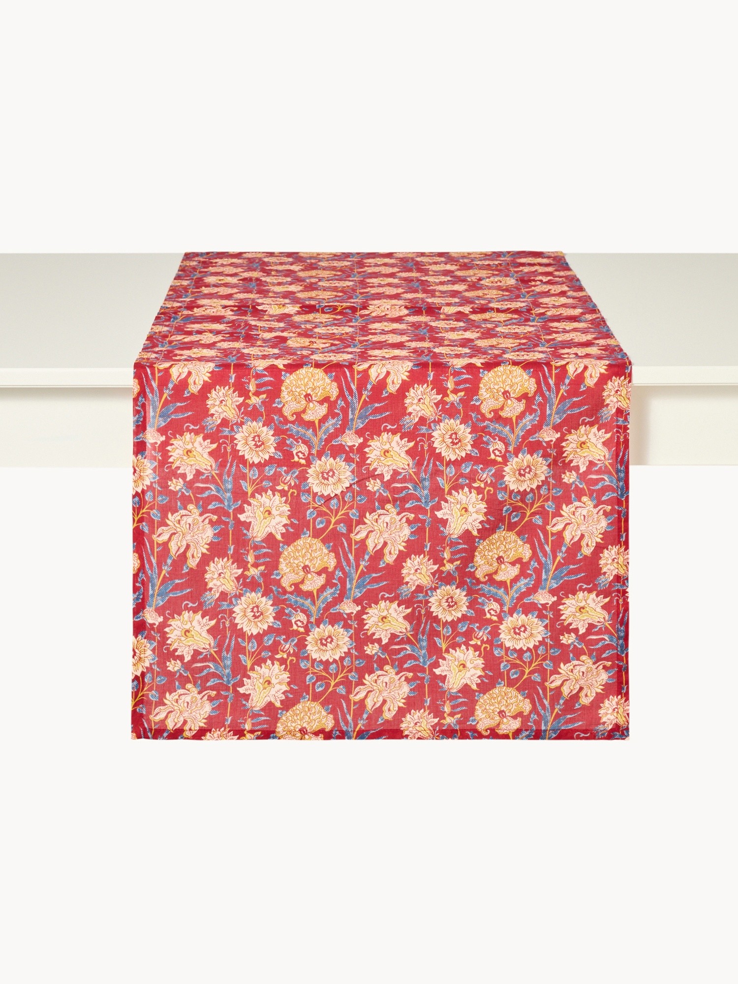Cotton voile table runner with a block print, Red, large image number 1