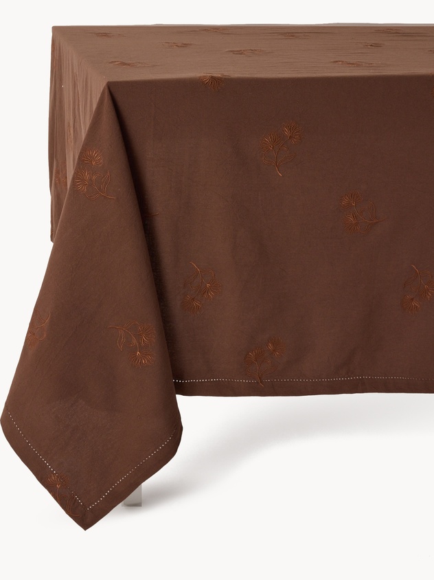 Solid-color tablecloth with floral embroidery