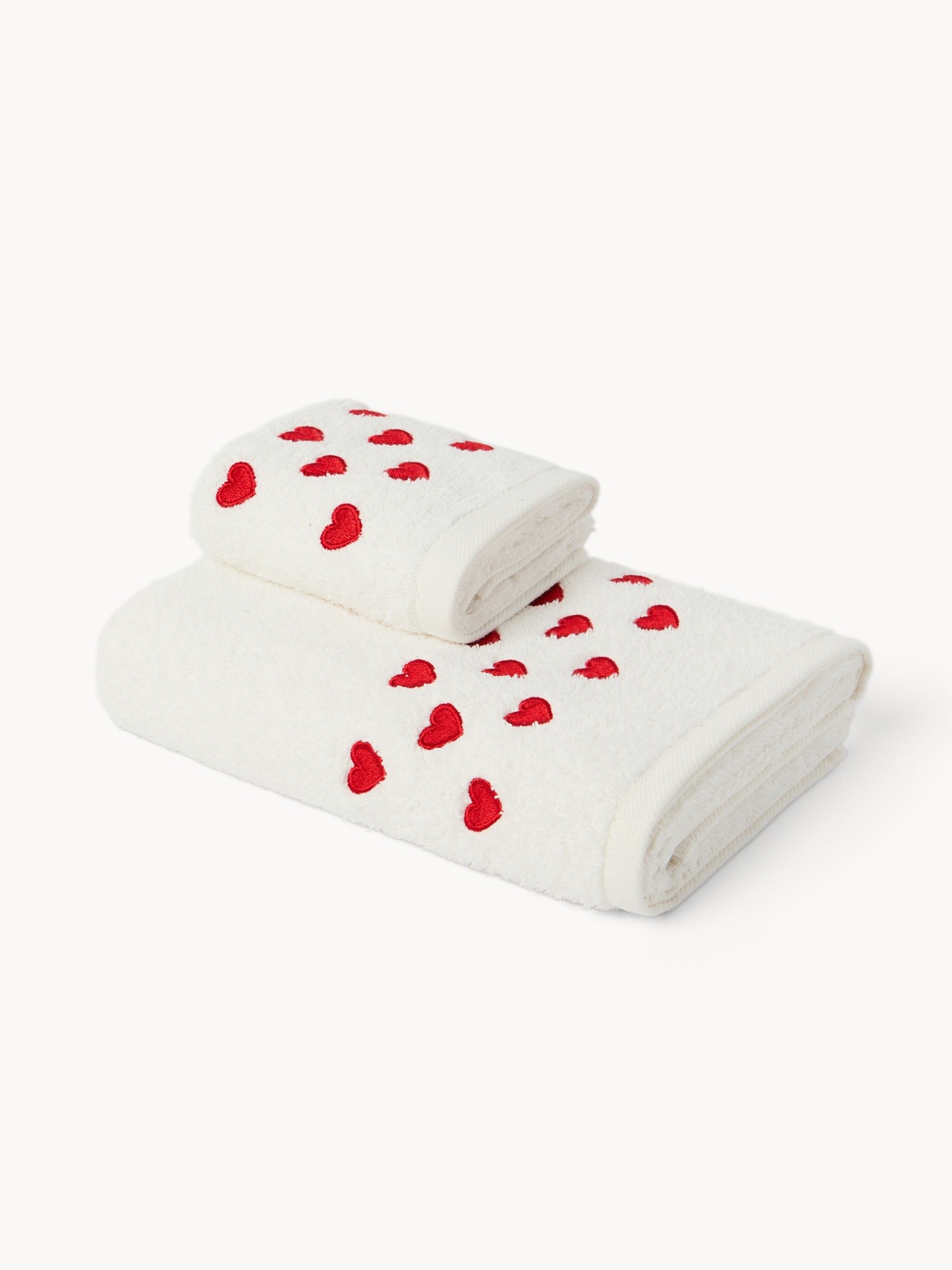 Set 2 asciugamani in spugna di cotone con ricamo a cuori, Bianco, large image number 0