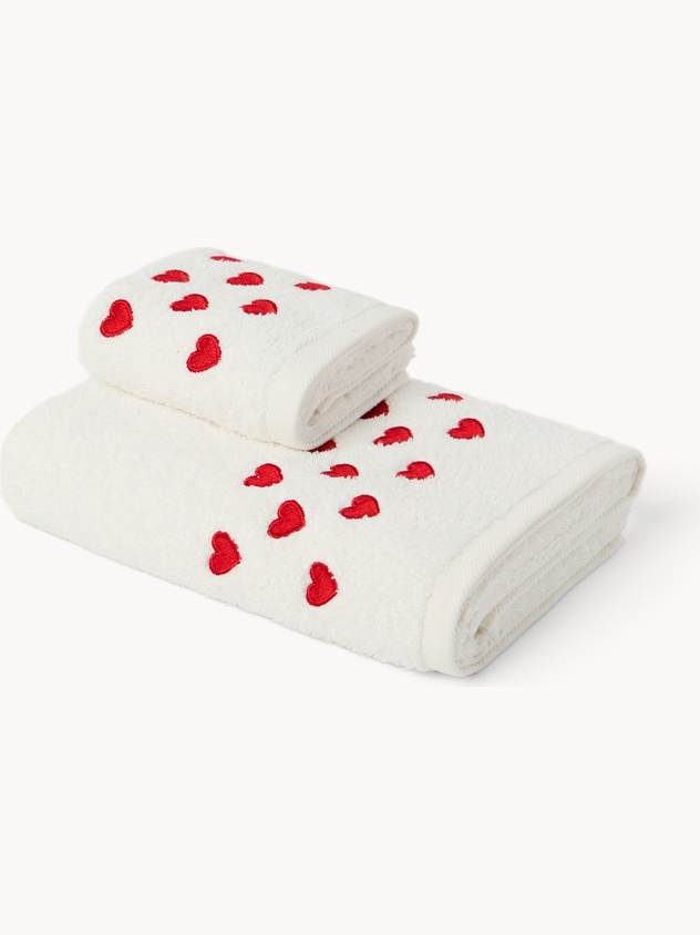 Set 2 asciugamani in spugna di cotone con ricamo a cuori