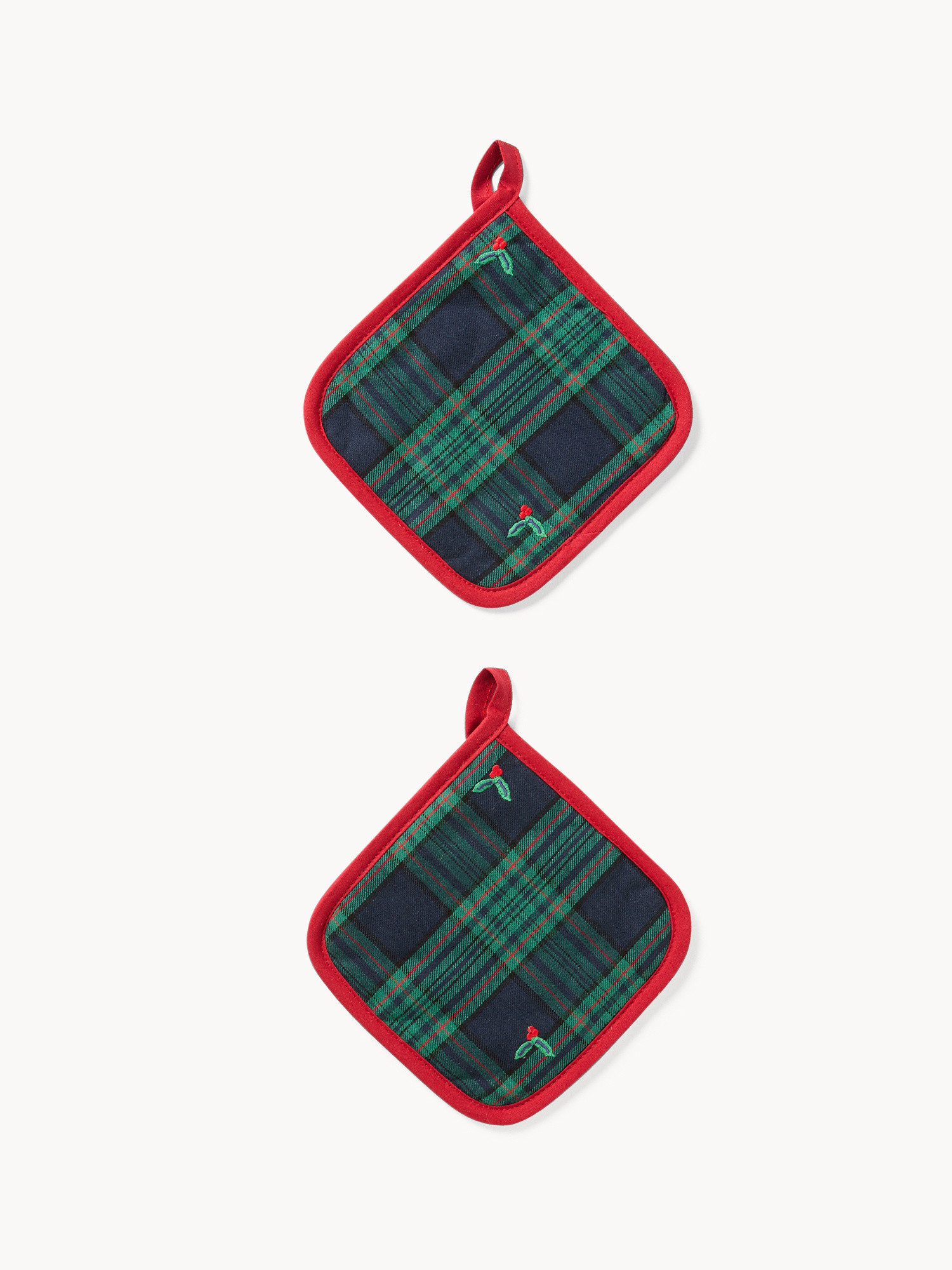 Set of 2 cotton twill pot holders with holly embroidery, Blue, large image number 0
