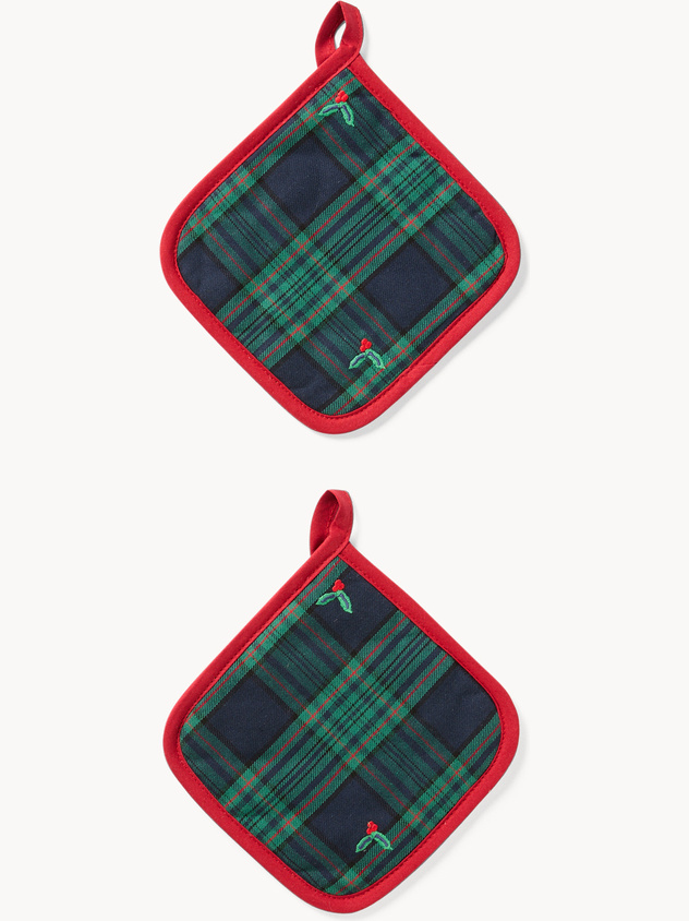 Set of 2 cotton twill pot holders with holly embroidery