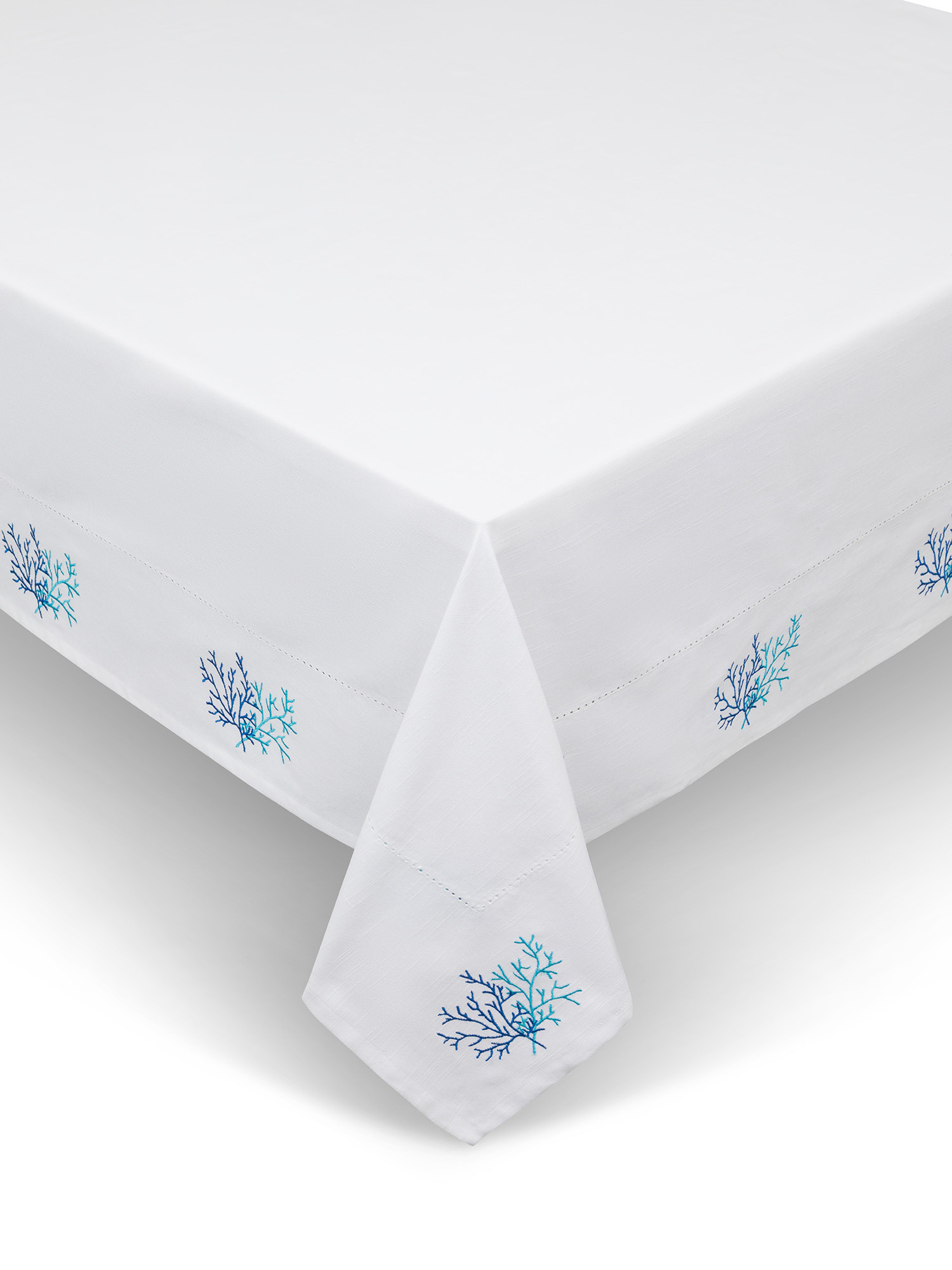 Pure slub cotton tablecloth with ajour hem and coral embroidery., White / Blue, large image number 0