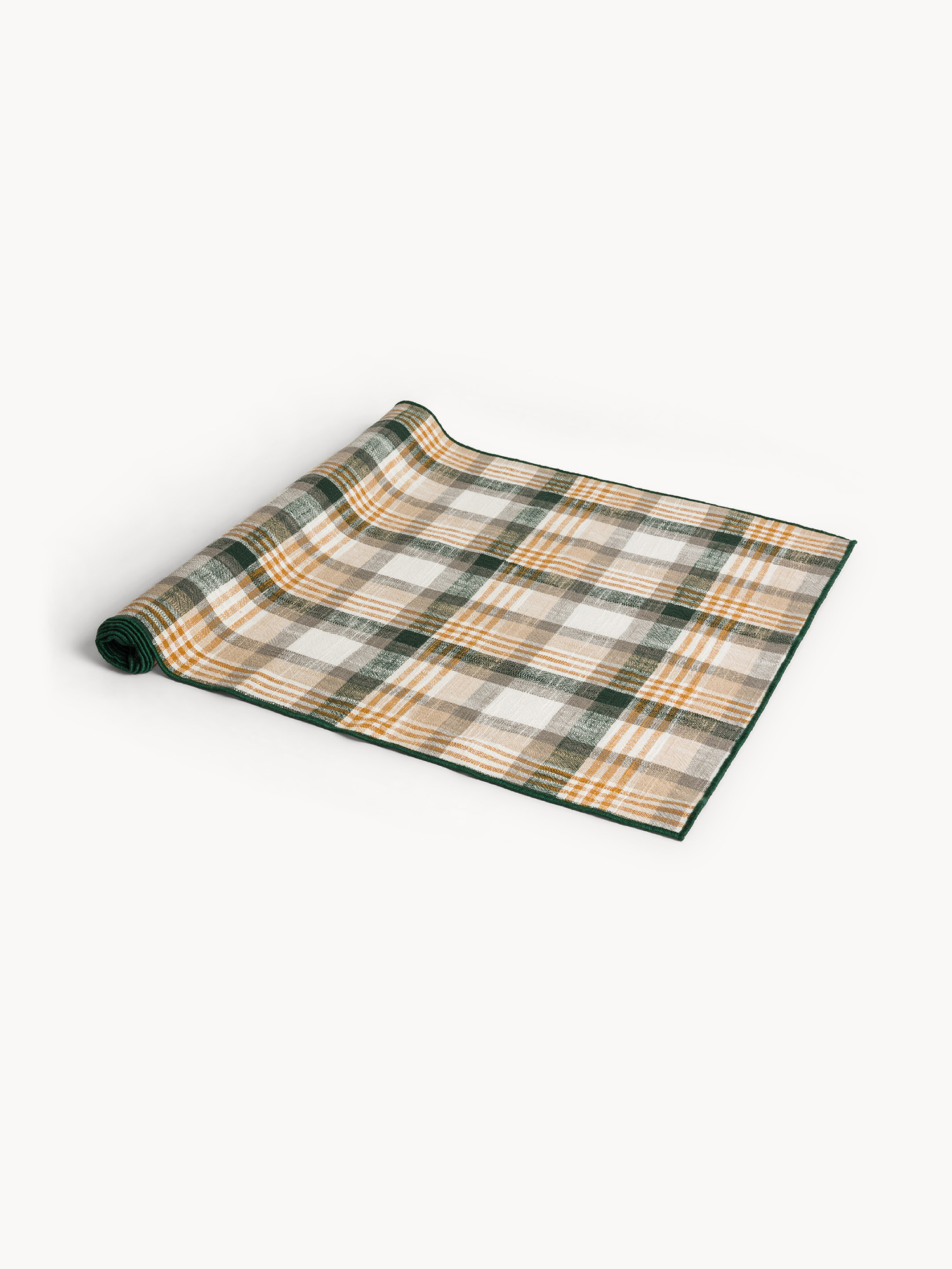 Checked table runner in pure yarn-dyed cotton with contrasting overlock, Green, large image number 0