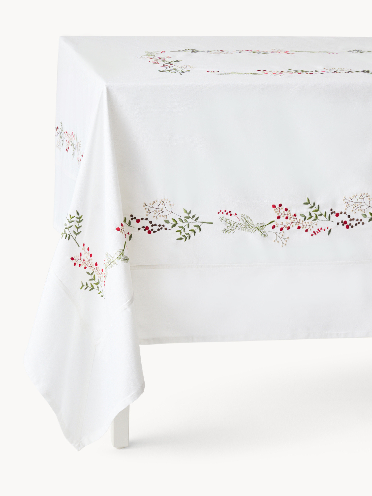 Pure cotton twill tablecloth with holly embroidery, White, large image number 0