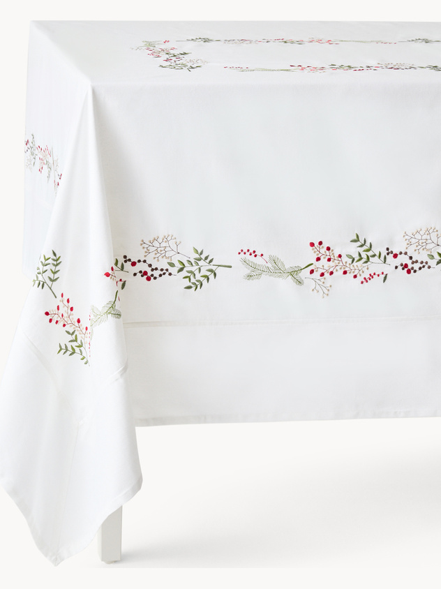 Tovaglia in puro twill di cotone ricamo piazzato agrifoglio