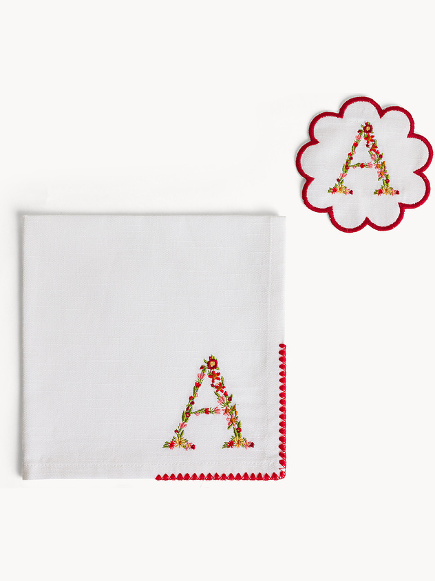 Napkin and coaster set with embroidered letter A