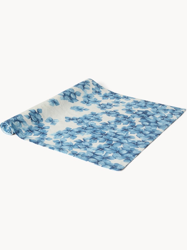 Linen blend table runner with floral print