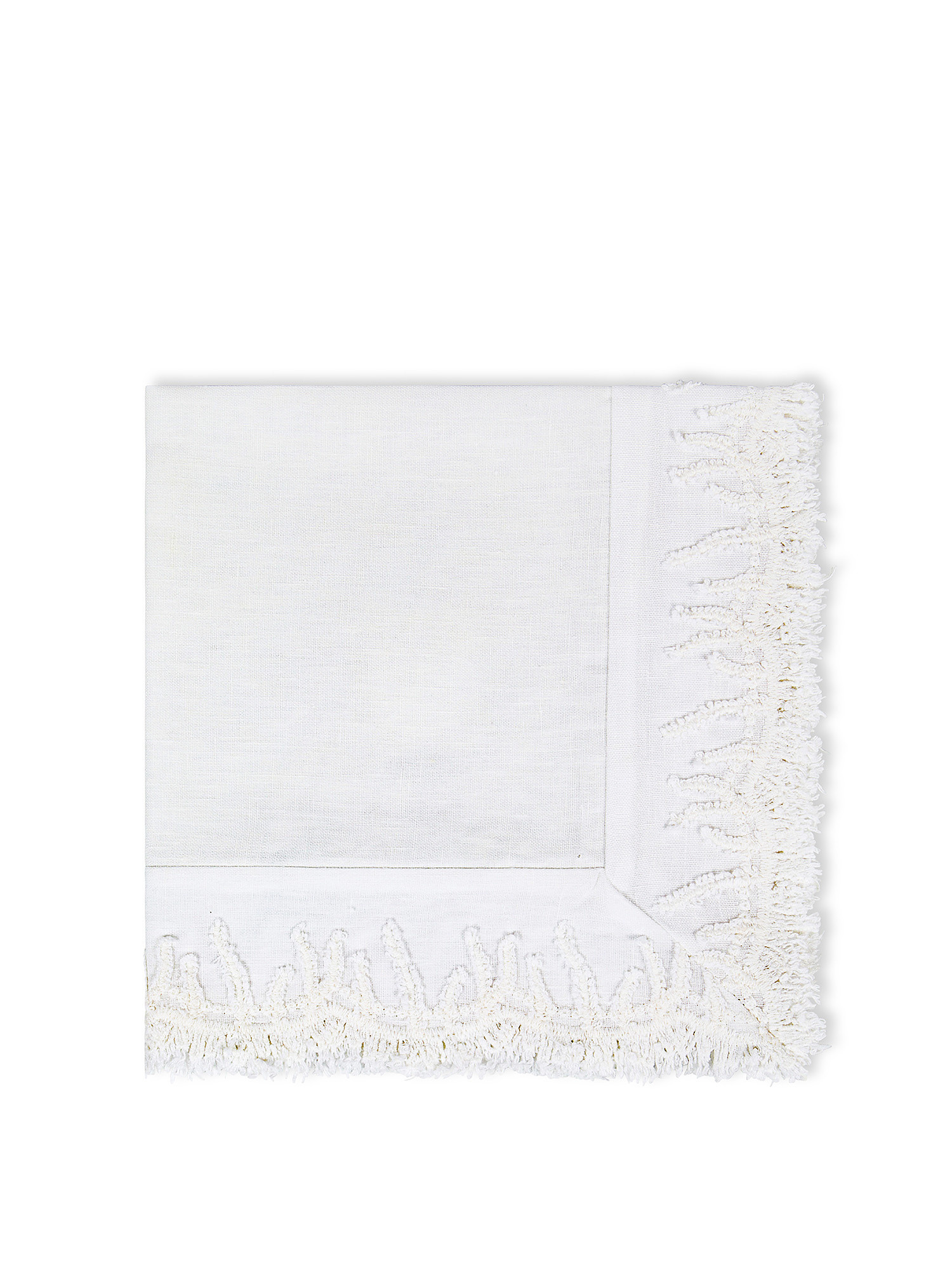 Linen napkin with fringes and embroidery, White, large image number 0